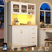 Sideboard Kitchen Cabinet with LED Light Strip and Drink Holders, Green/Black/White