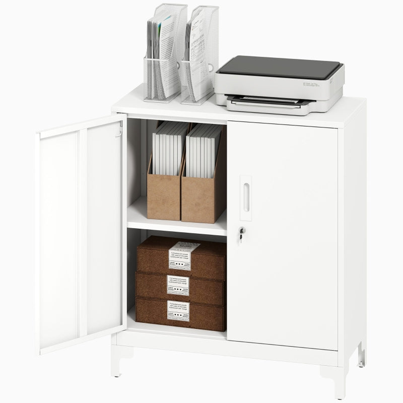 Metal Office Cabinet, Lockable Doors 2-Tier, White