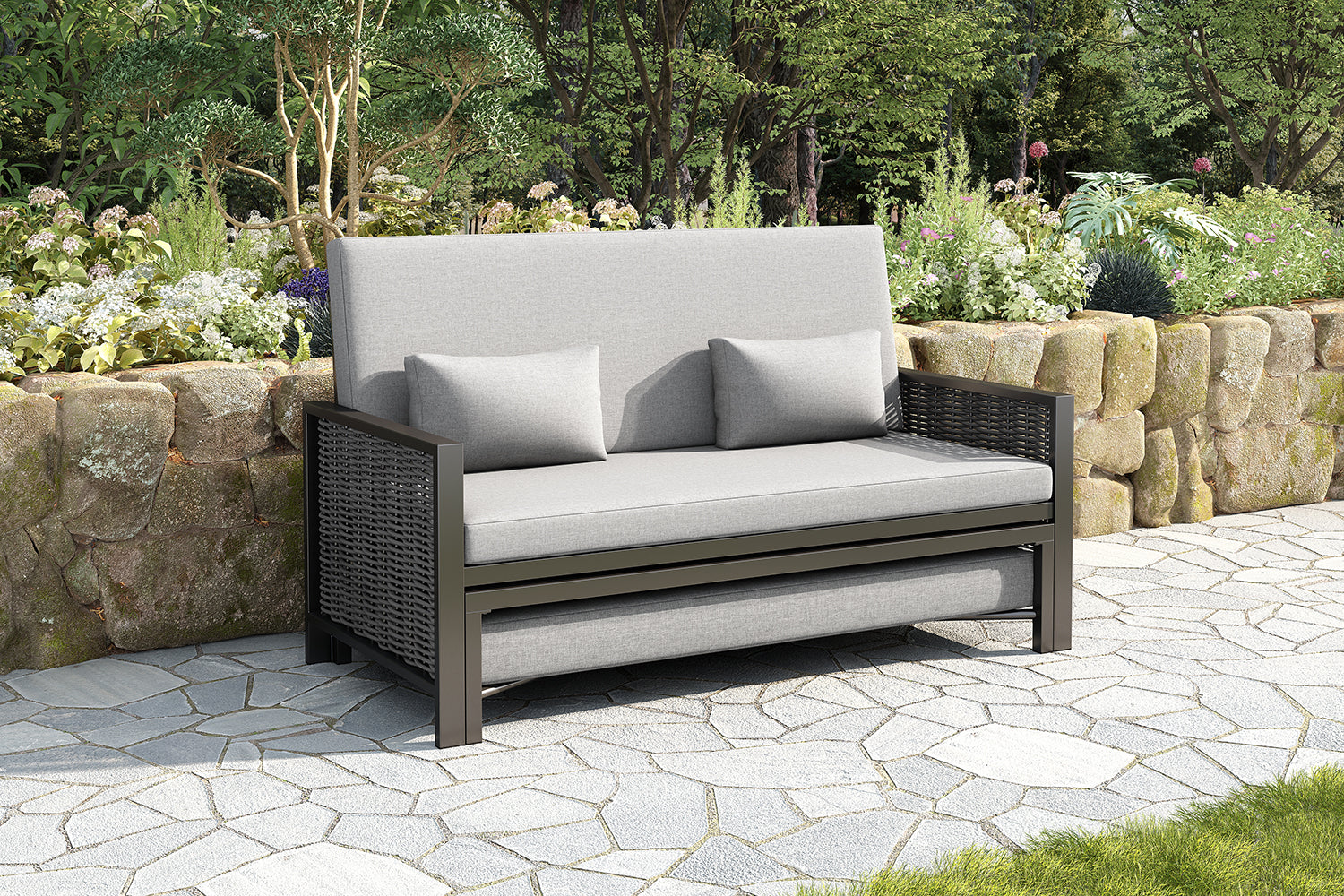 Outdoor Lounger Garden Sofa for 2 People with Adjustable Backrest and Retractable Footrest, Grey