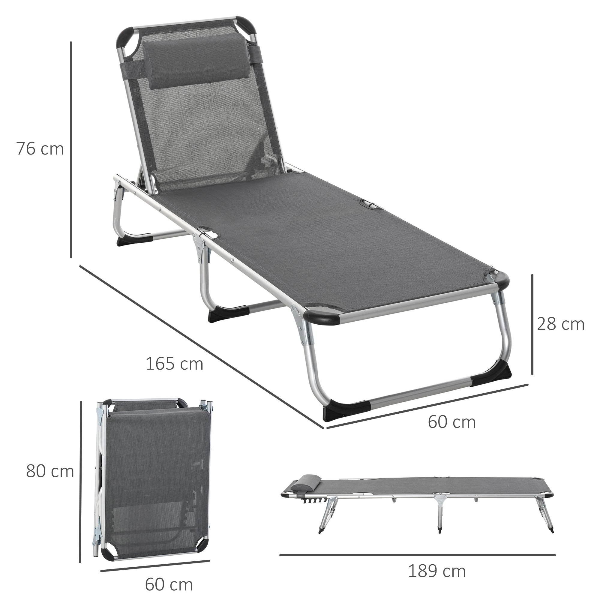 Sun Lounger 5-Way Adjustable Foldable Ergonomic Aluminum Mesh Fabric Grey