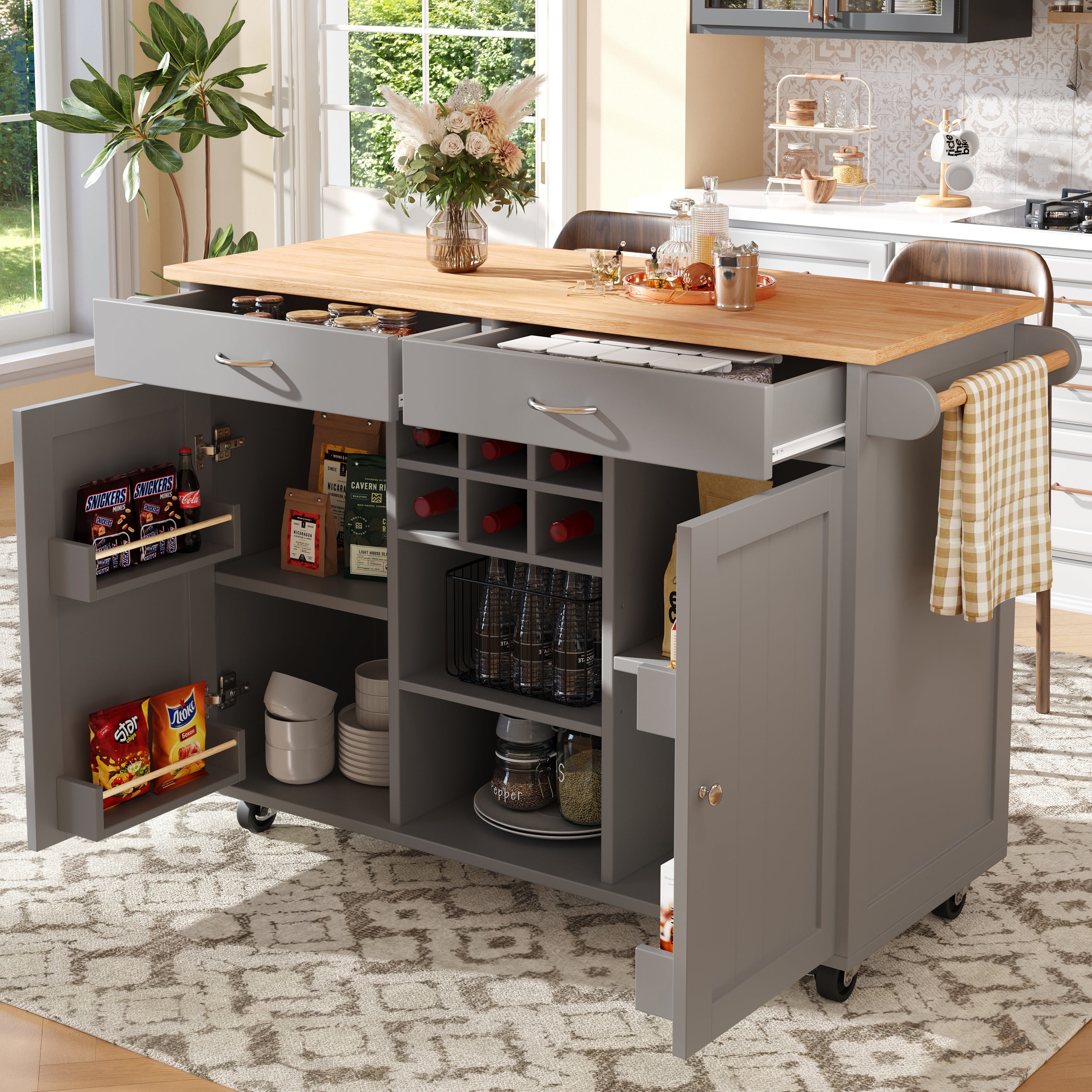 Kitchen Island, Multifunctional Dining Table with Storage, Gray Wood Grain