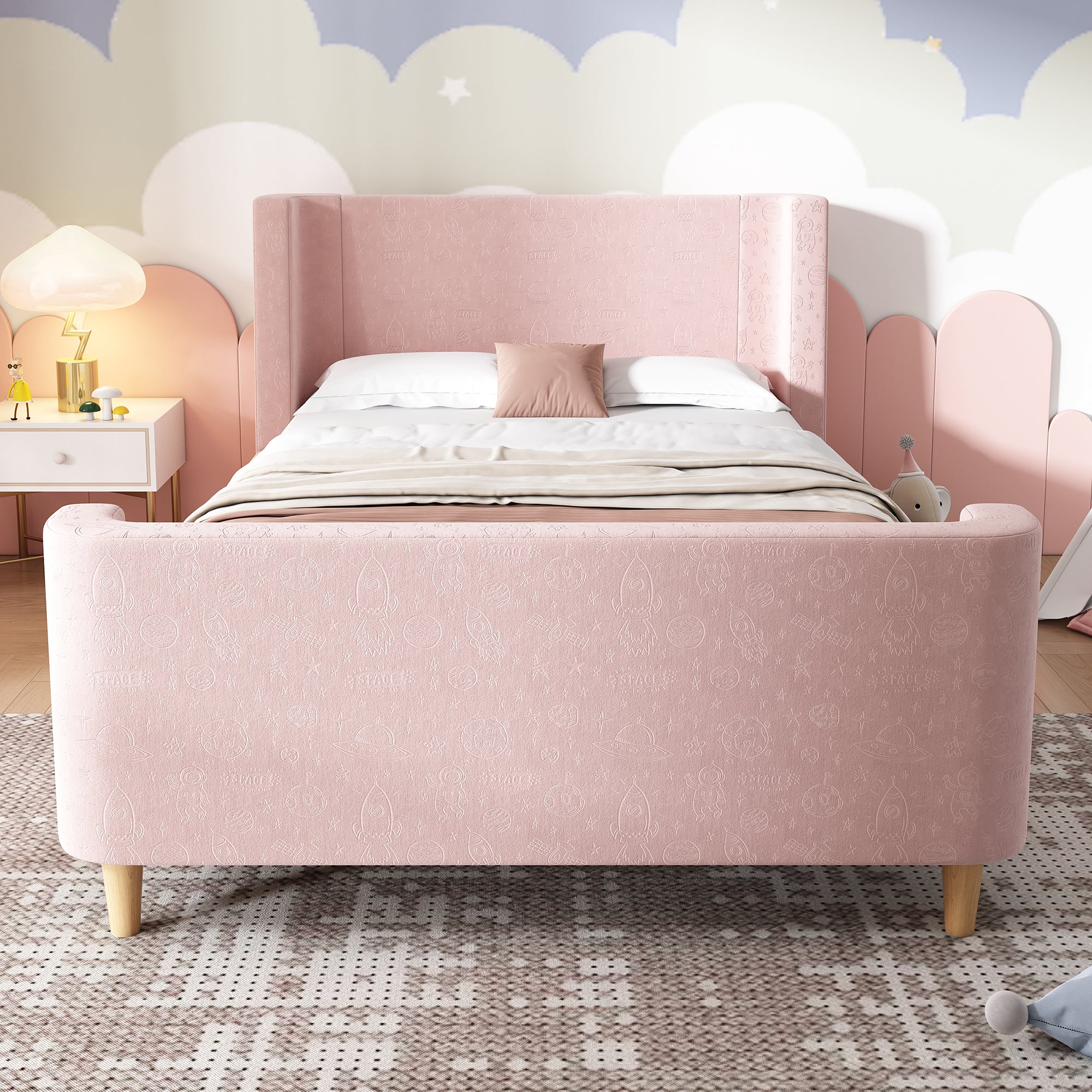 Children's Bed Upholstered Sleigh Bed, Cosmic Pattern, 90x200cm, Pink Velvet