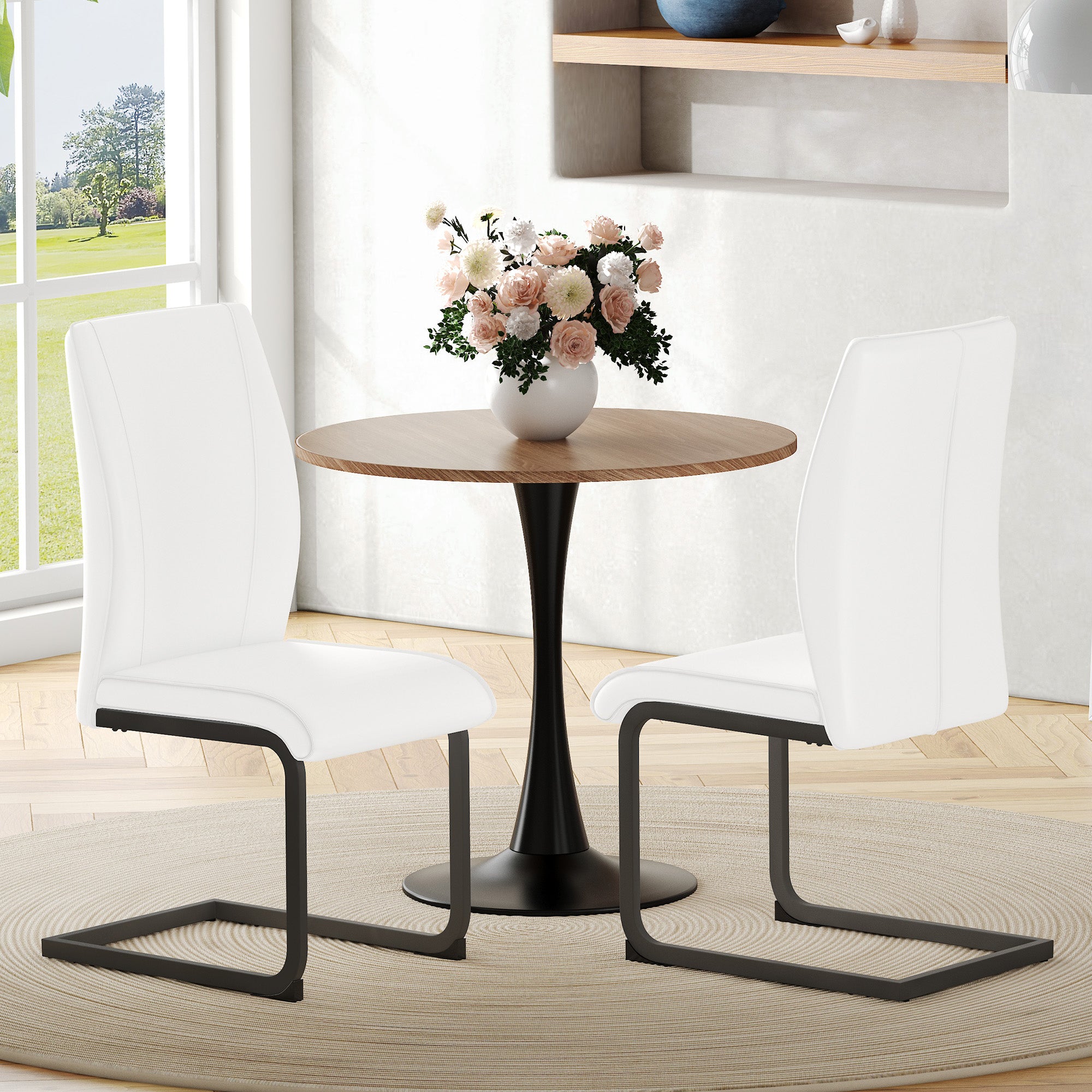 Dining Chairs Set of 2, Ergonomic Design Black Metal Legs, White Faux Leather