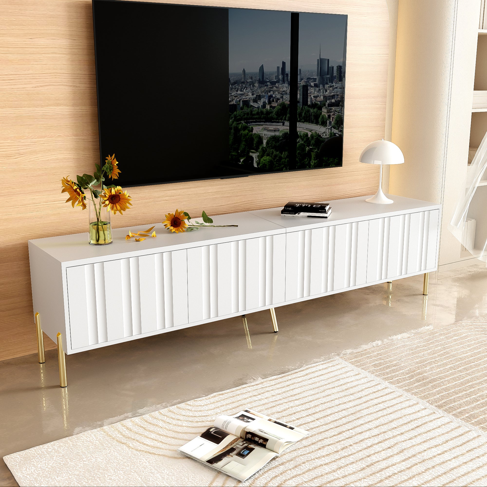 TV Cabinet 190x38x48cm, Gold Legs, Grooved Doors, White