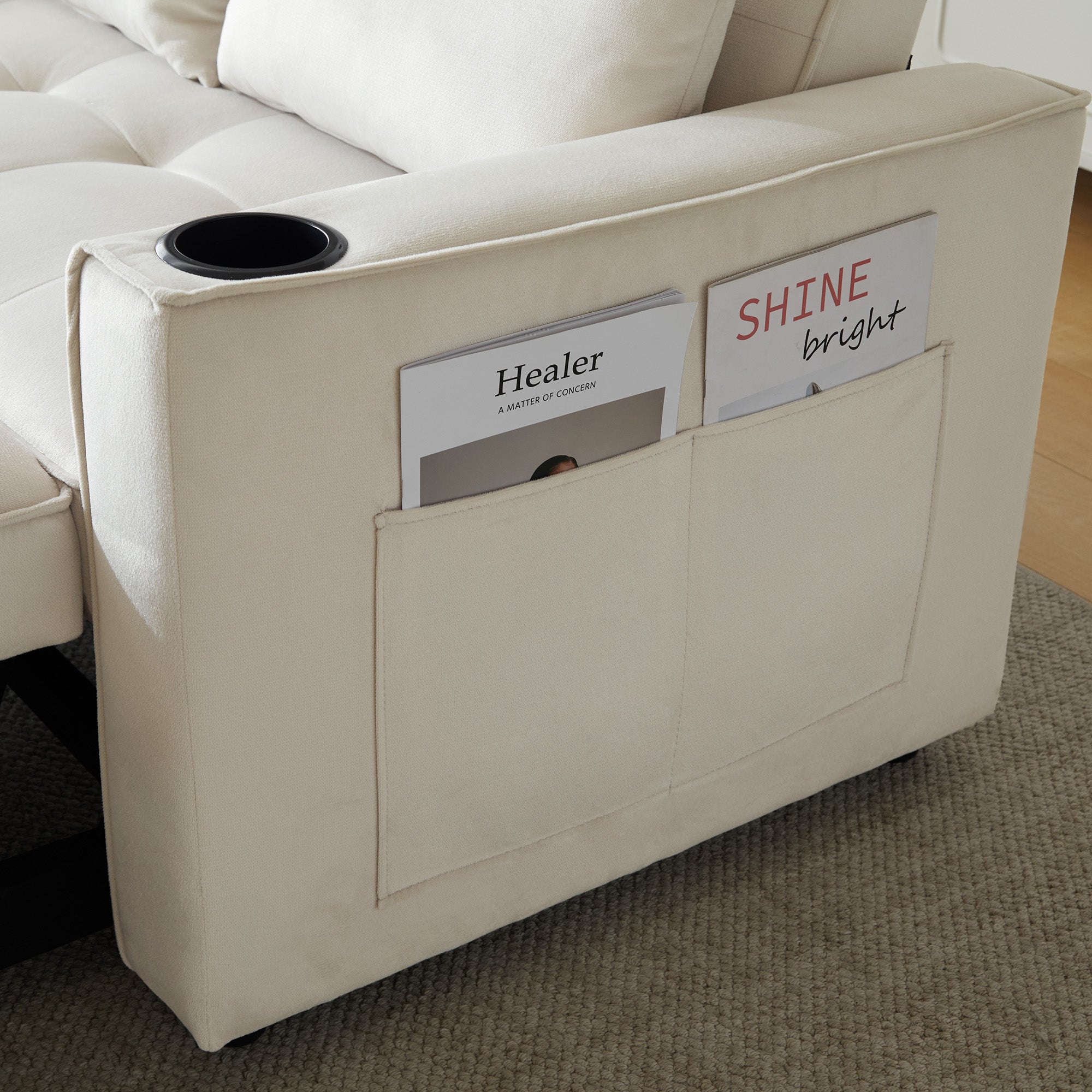 Folding Sofa Bed, Multifunctional with Cup Holder & Pillow, for Living Room, Bedroom, Home Theater