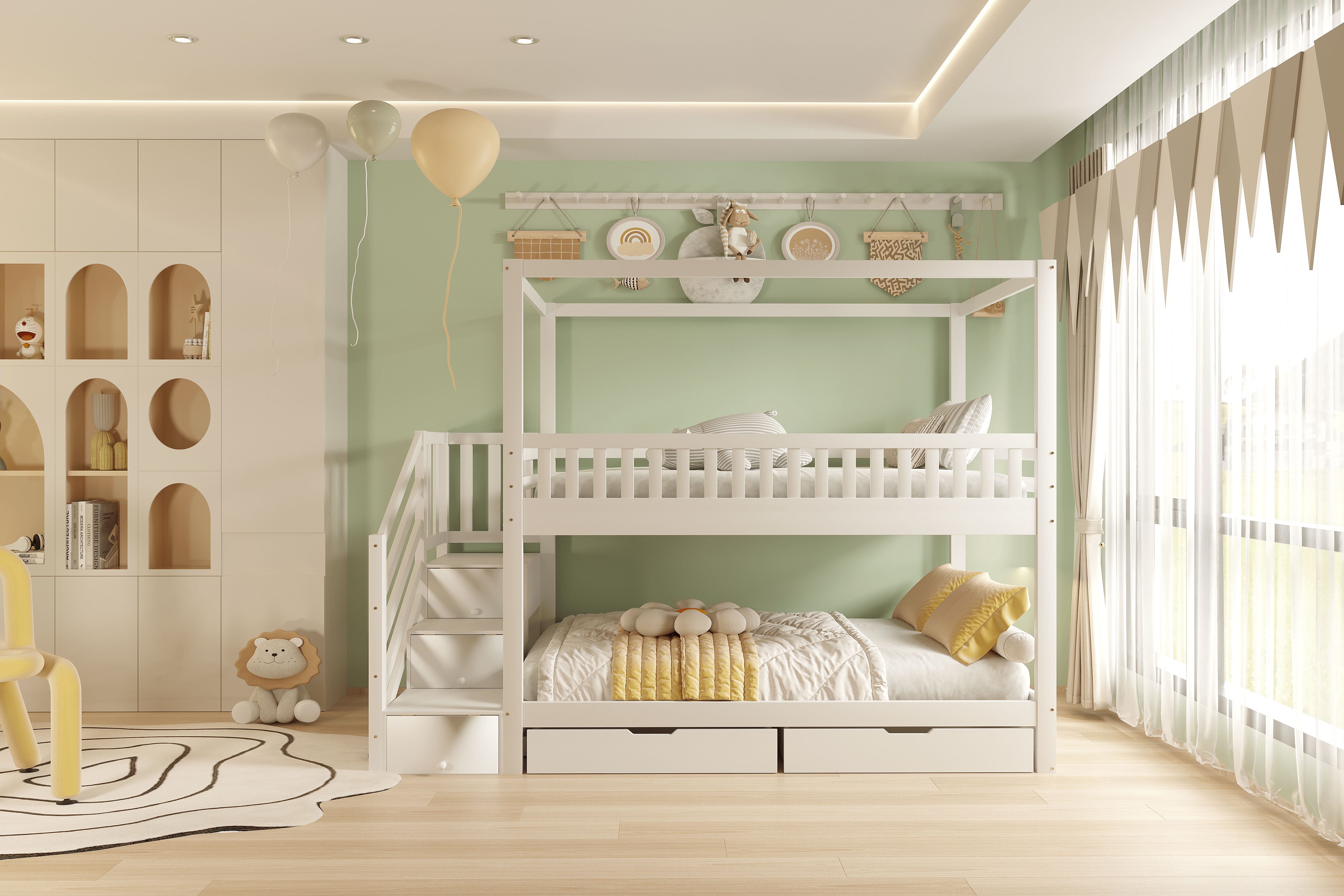 Bunk Bed, House-Shaped, Safety Railing, Storage, Solid Wood White