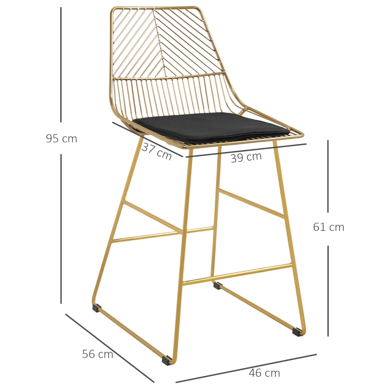 Set of 2 Bar Stools, Modern Counter Height Chairs, Wire Metal Frame, Gold