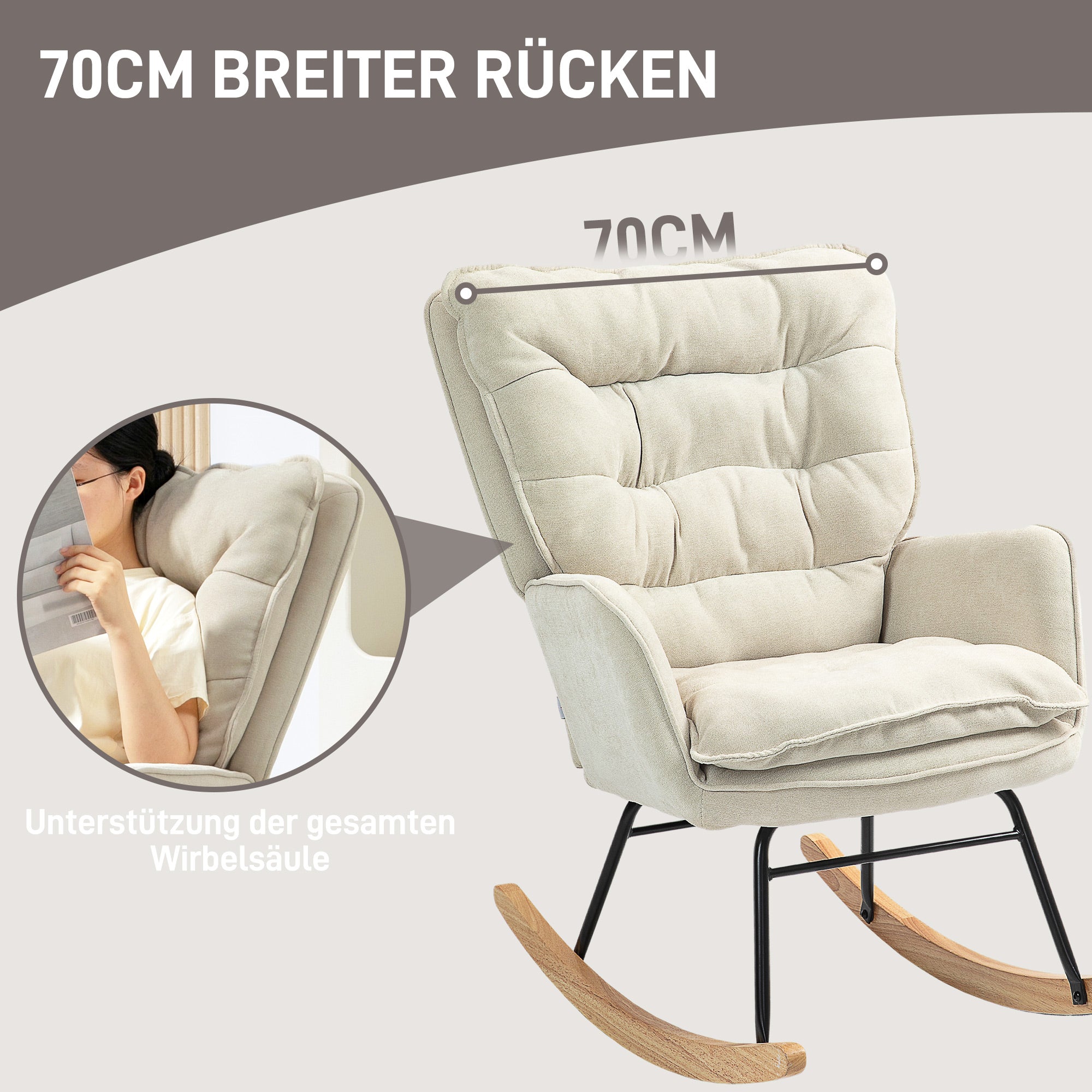 Rocking Chair, Armrests, Nursing, 120 kg Load Capacity, Chenille Look, Beige