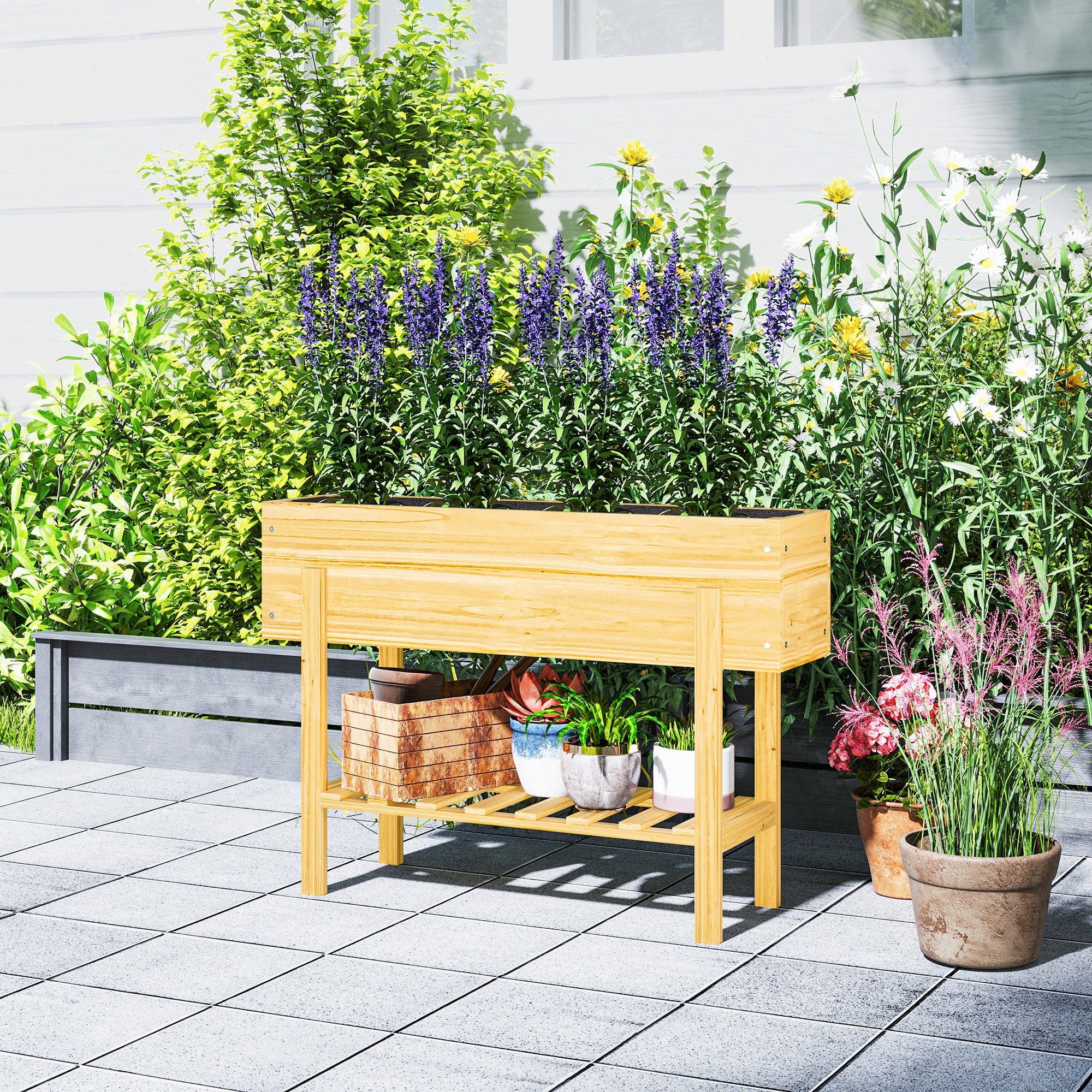 Raised Bed with Shelf, Herb & Vegetable Planter, Natural Wood