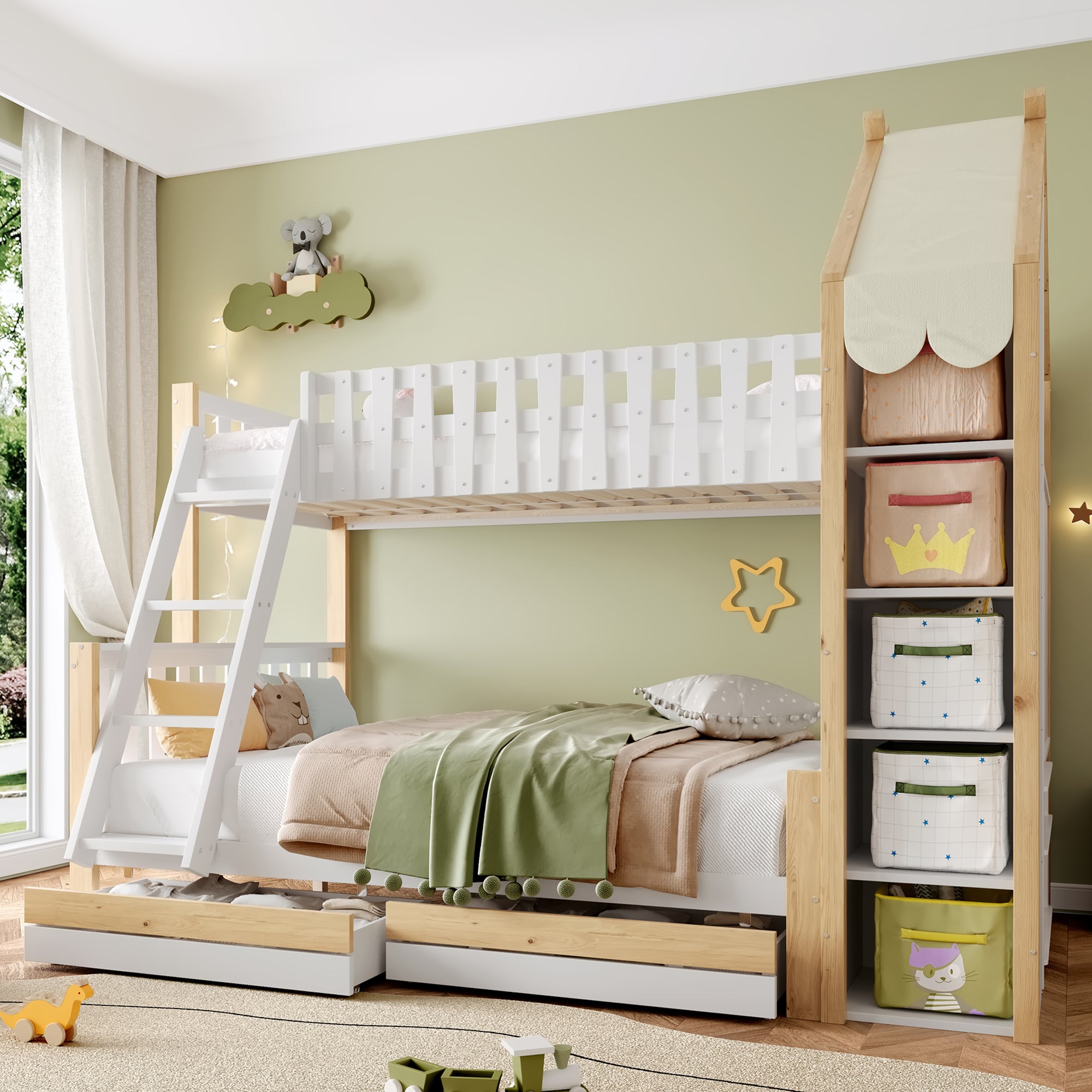 Bunk Bed 90x200cm/140x200cm, House Rail, Ladder, 2 Drawers, White + Natural Wood