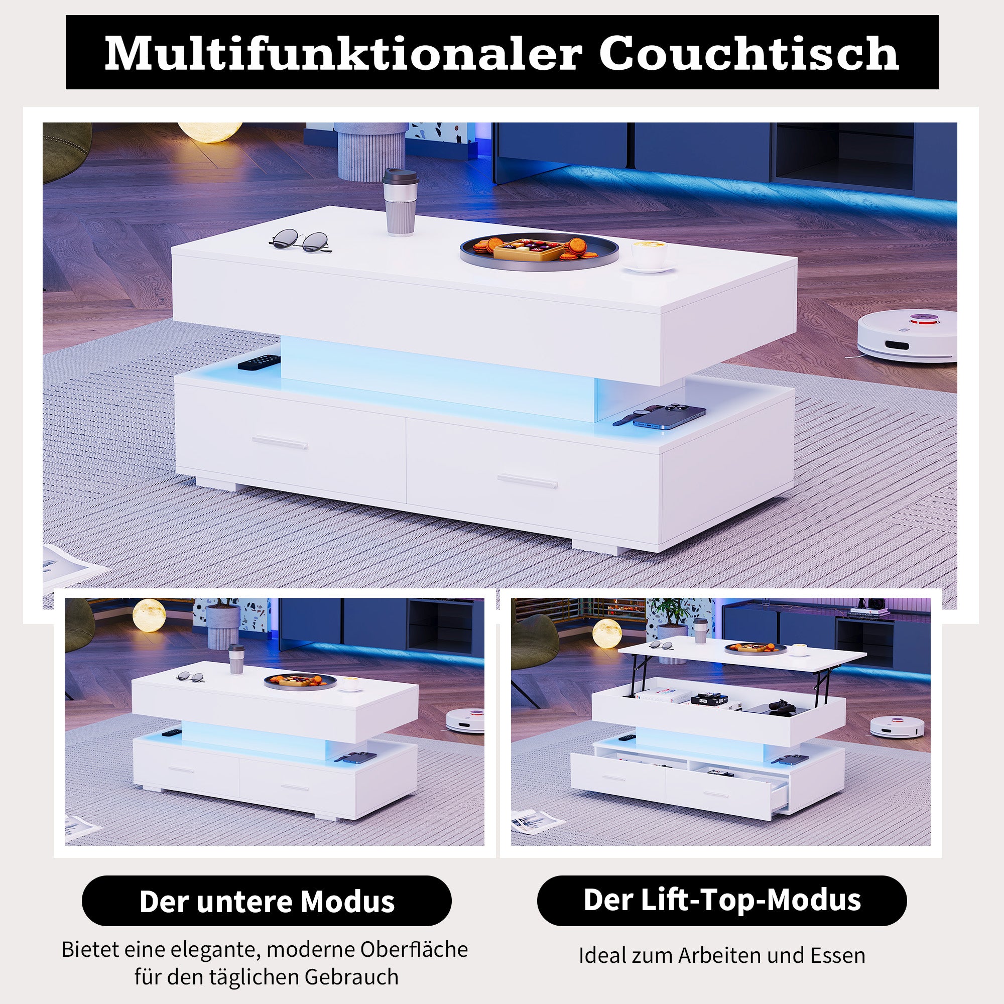 Hydraulic Height-Adjustable Coffee Table, LED Lighting, Bluetooth Control, 2 Drawers, White