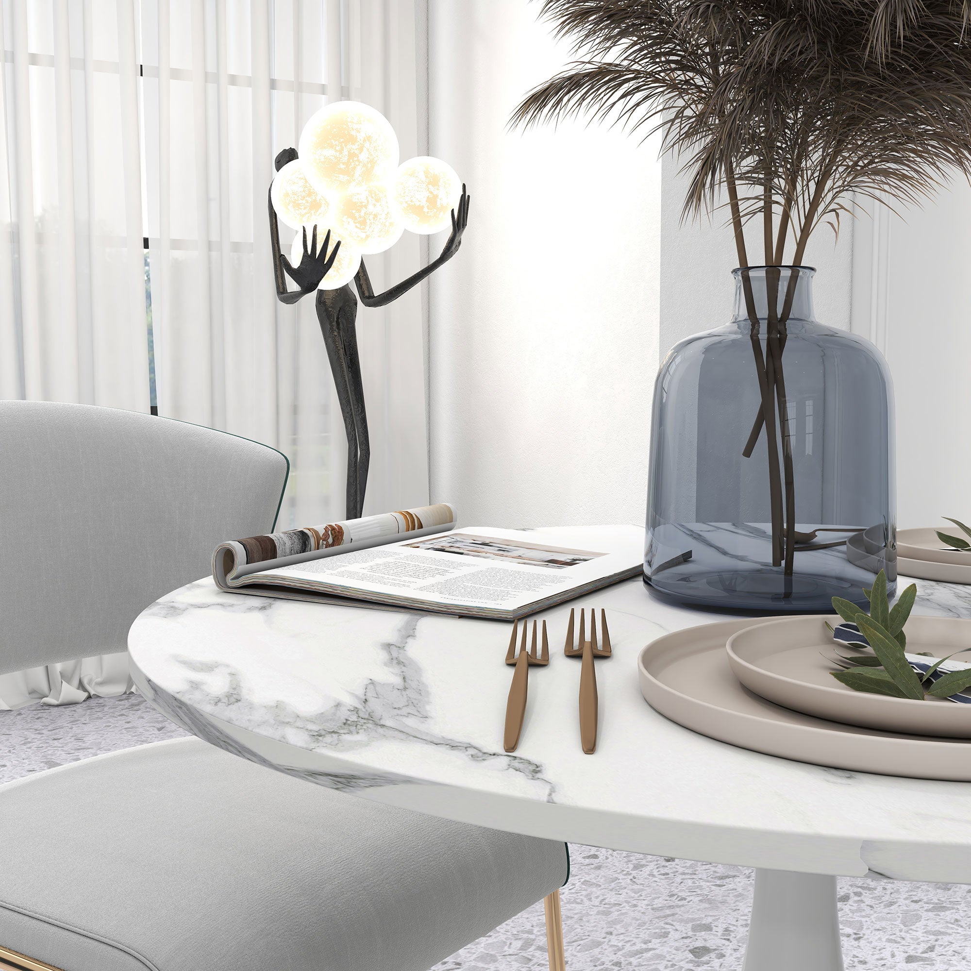 Small 2-Person Dining Table, Elegant Steel Base, White and Grey