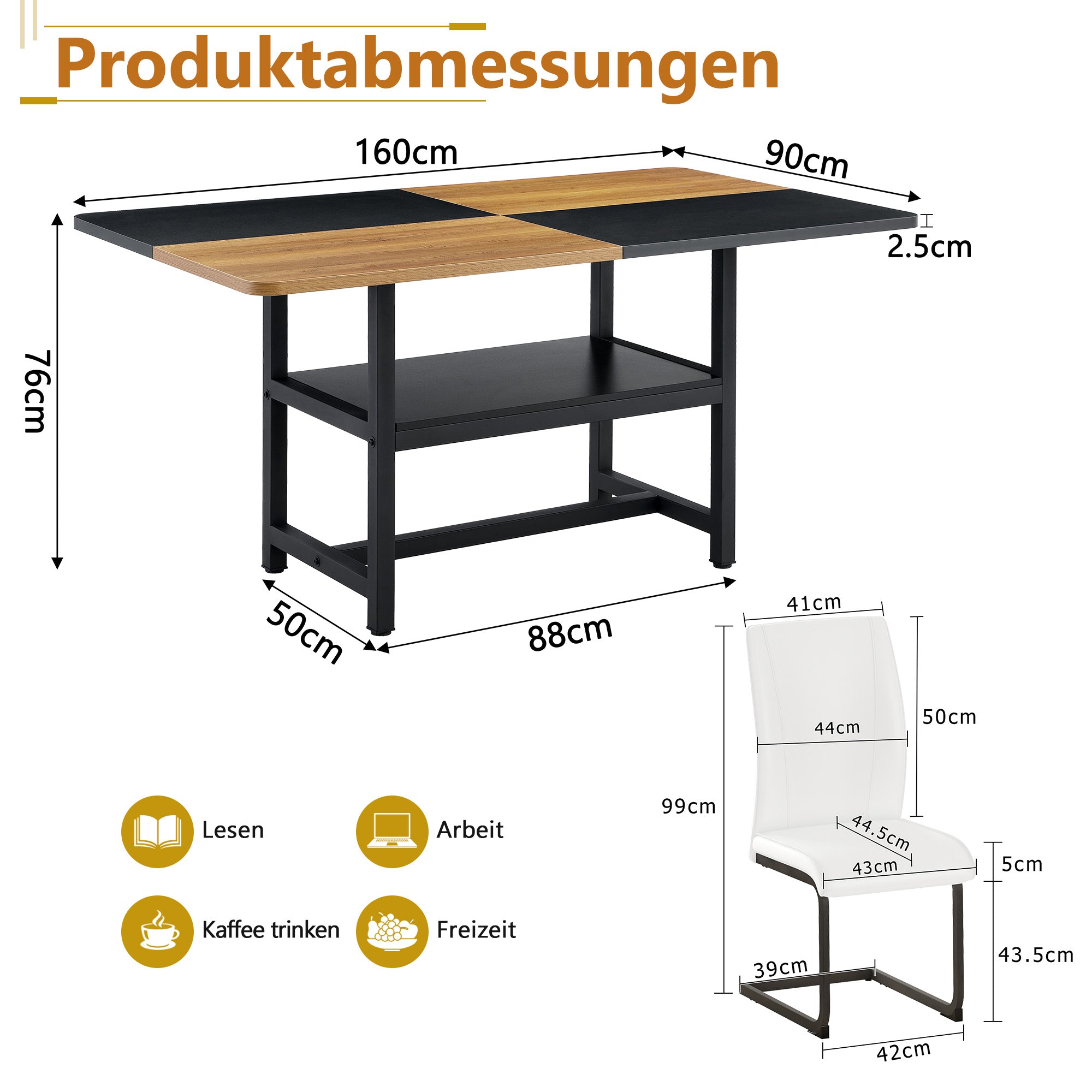 Table Set, Rectangular Dining Table with Storage Shelf and 4 Armchairs, White Faux Leather
