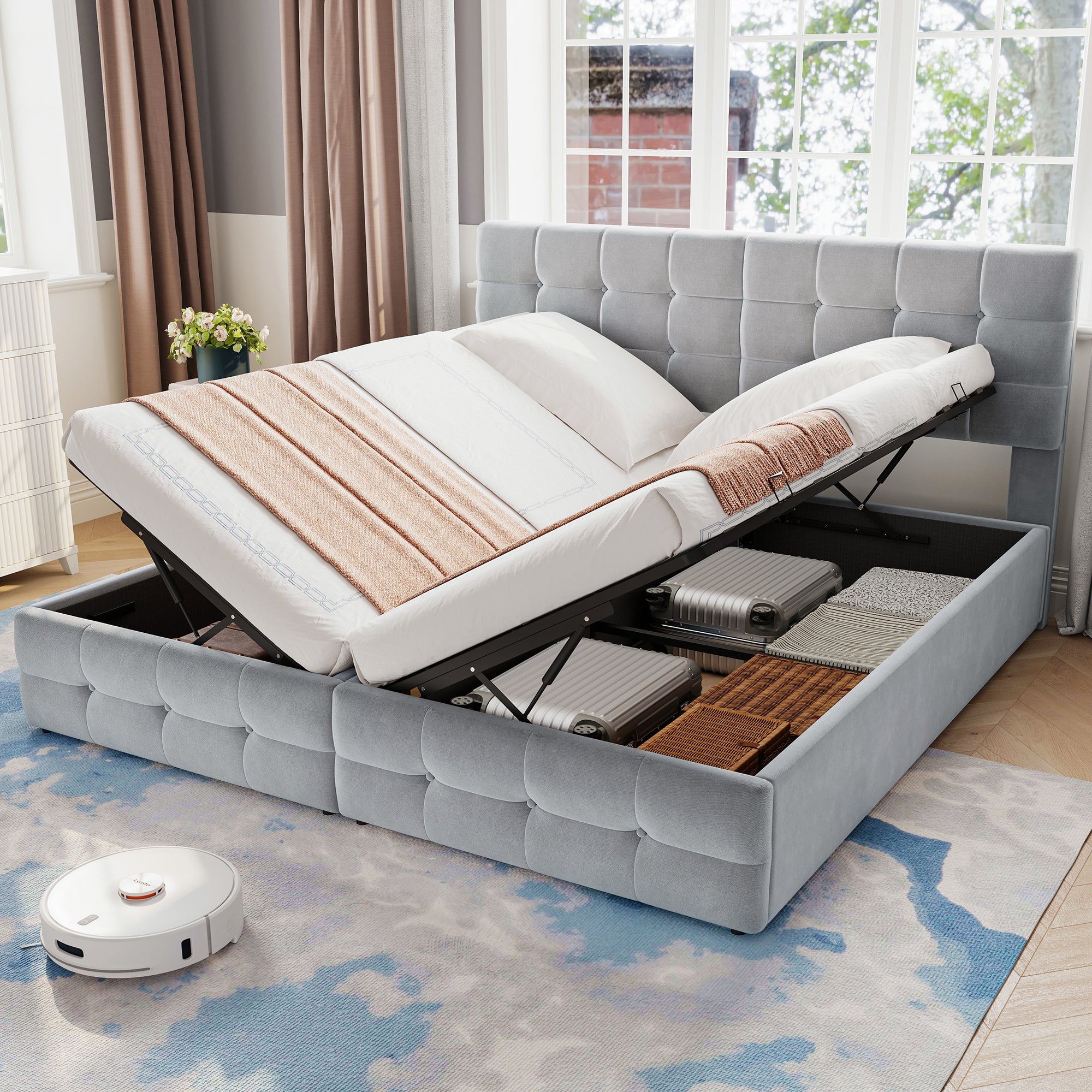 Upholstered Hydraulic Spliced Bed for Adults & Teenagers, Double 180x190cm or Single 90x190cm, with Checkered Sponge Backrest and Two Berth Hydraulic, Velvet & Iron, Grey