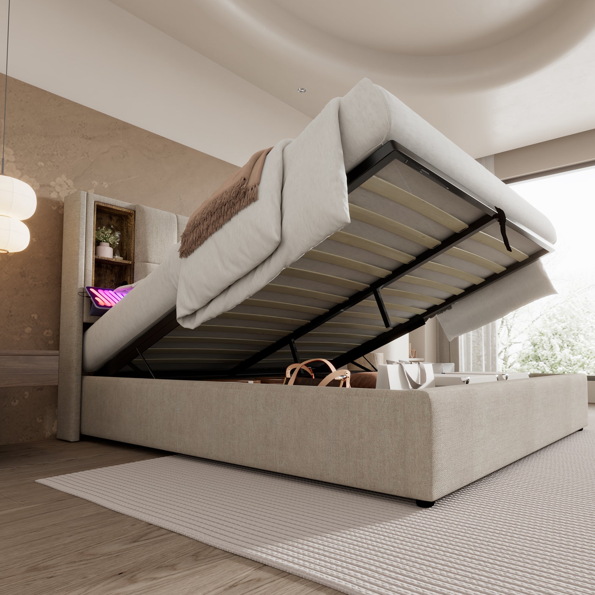 Double Bed, Wireless Charging USB-C, Storage, Wooden Slatted Frame, Natural Linen