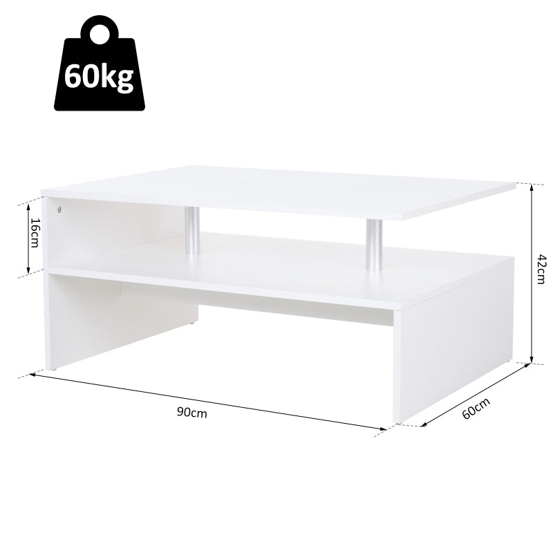 Coffee Table, Modern 2-Tier Storage Open Shelf Aluminium Poles, White