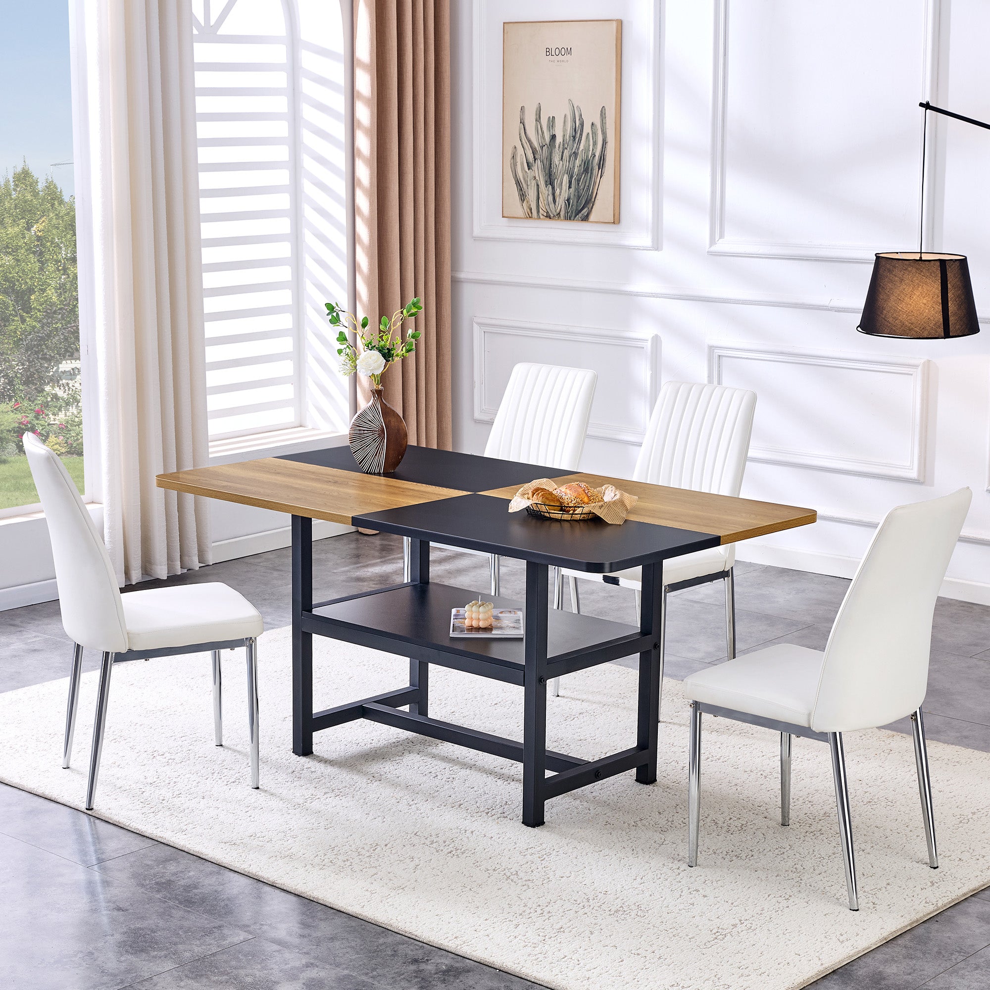 Table Set, Rectangular Dining Table with Storage Shelf and 4 Armchairs, White Faux Leather
