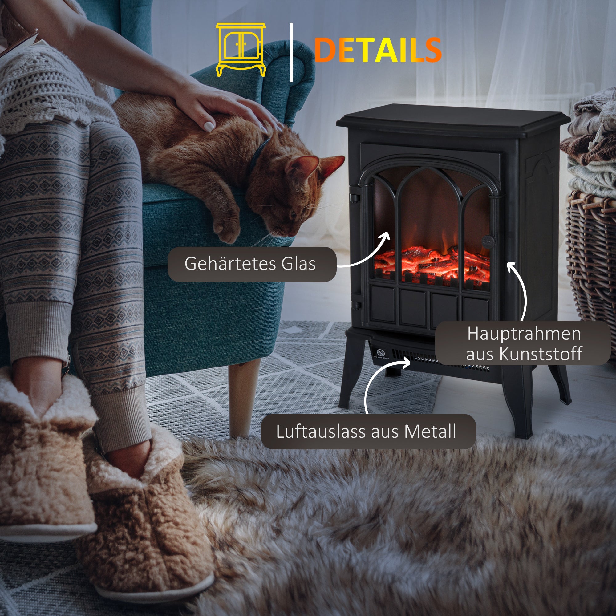Electric Fireplace, 2000W Freestanding LED Flame, Metal