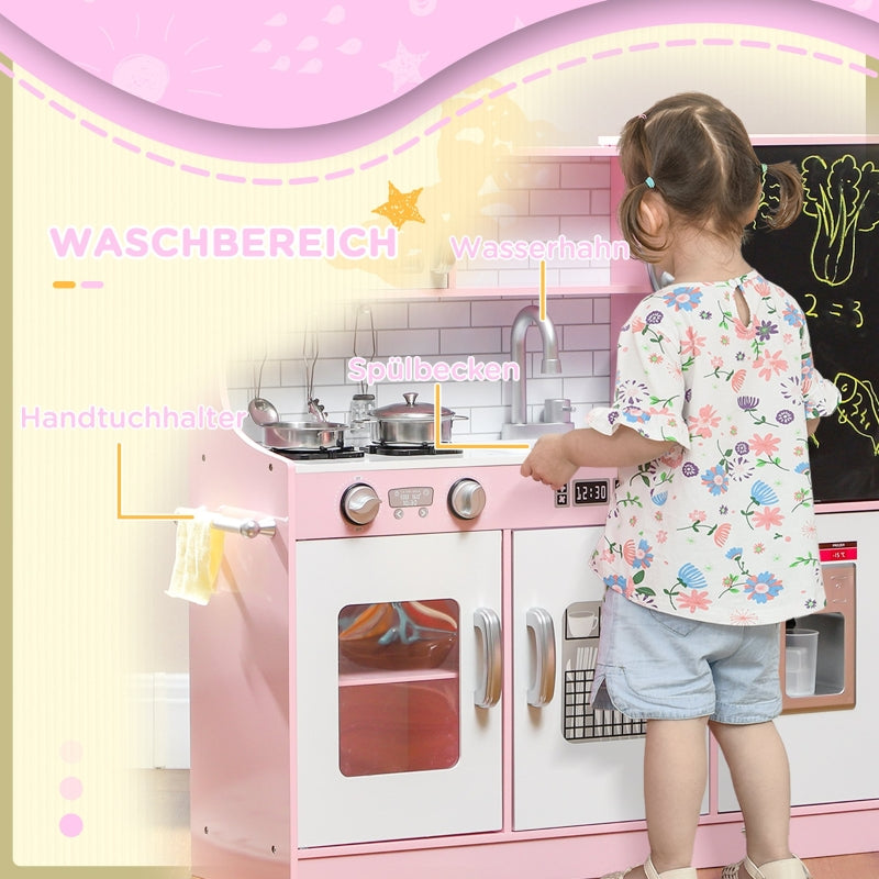 AIYAPLAY Play Kitchen Set with Pots, Blackboard, Telephone, Ice Cream Maker, Stove, Pink