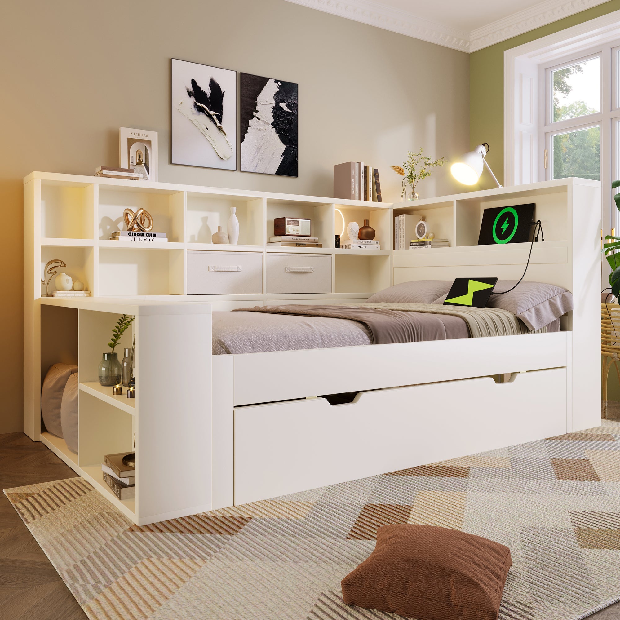Single Bed with Pull-Out Bed, Shelves and USB Charging, White