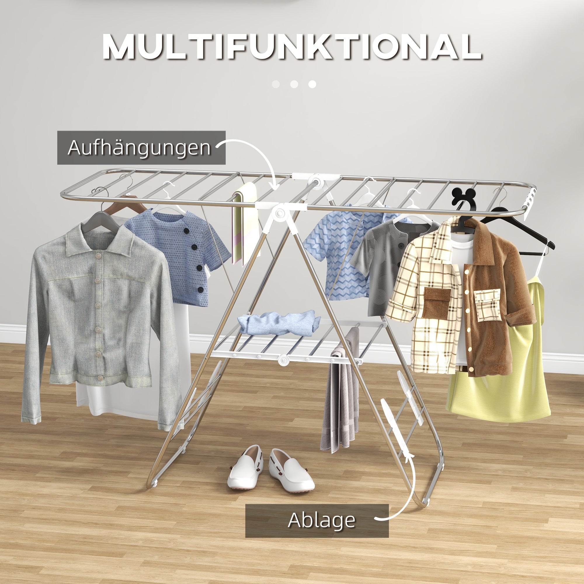 Clothes Airer, Foldable Portable with Telescopic Poles, Stainless Steel and Plastic, Silver and White