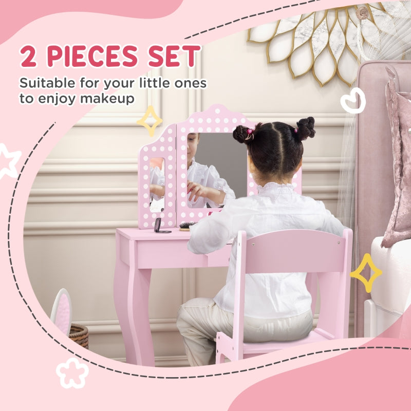 Kids Dressing Table Set, Stool Tri-Fold Mirror Drawer, Pink