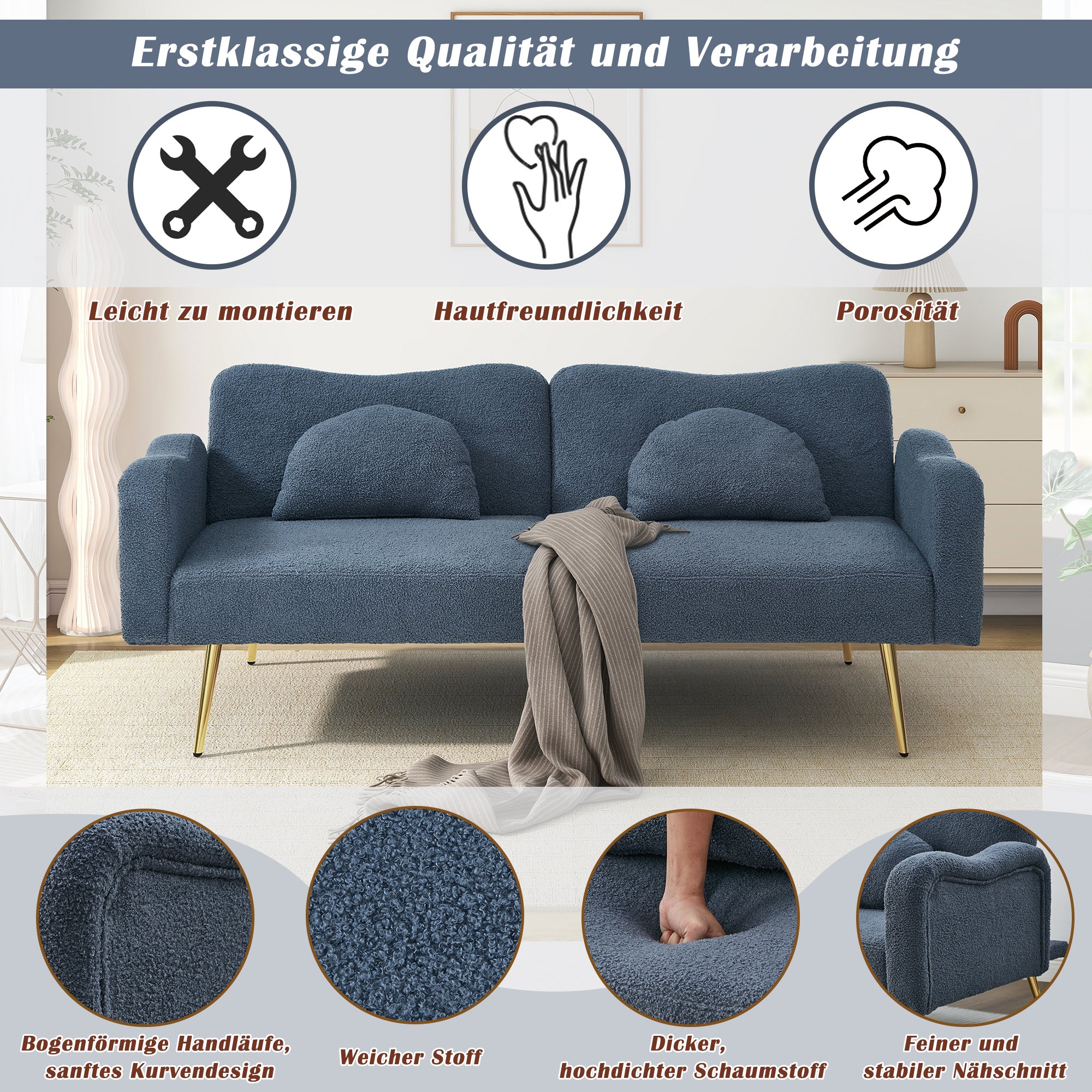 Sofa Bed, 2-Seater with Adjustable Backrest, Gold-Plated Metal Feet