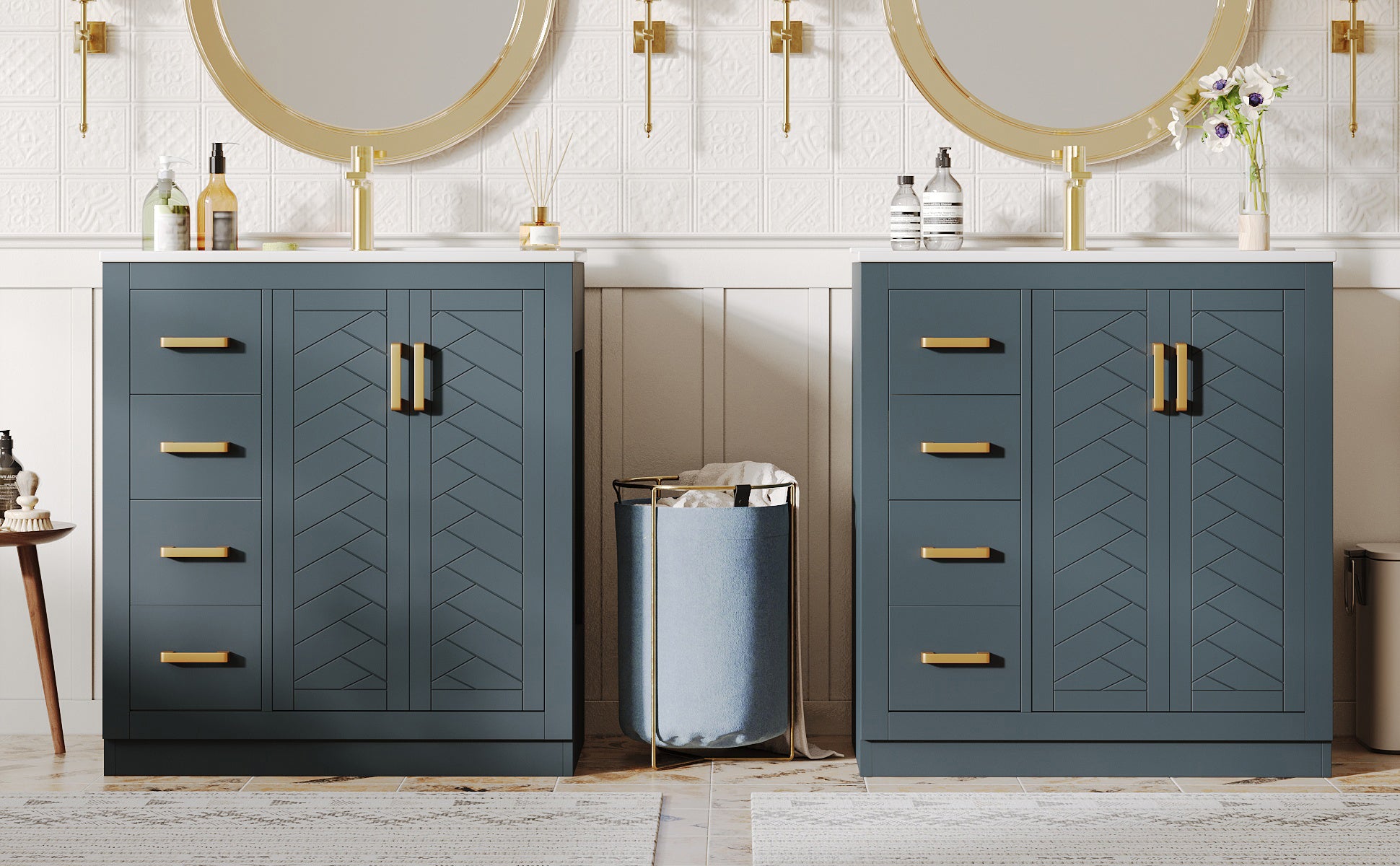 Bathroom Vanity Unit with Ceramic Sink and 3 Drawers, Blue