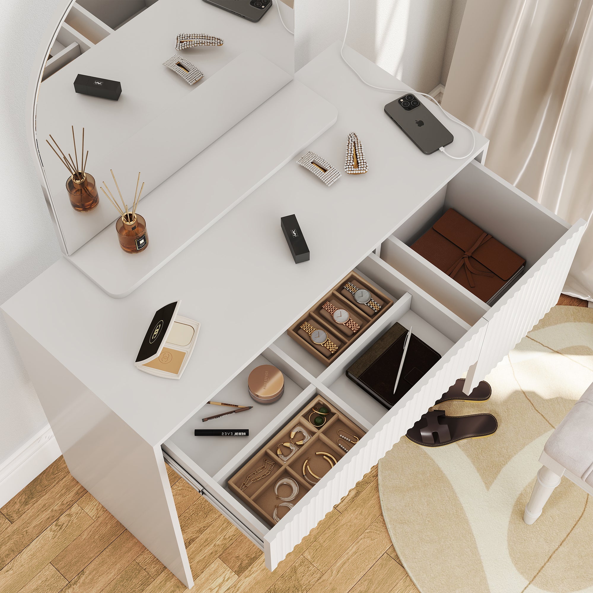 Dressing Table with Mirror, Drawers & Open Shelves - White