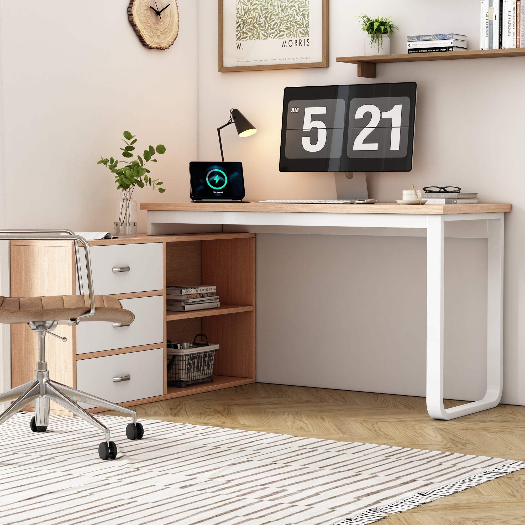 Simple Office Desk with 3 Drawers, 2 Open Shelves, Steel Frame - Natural