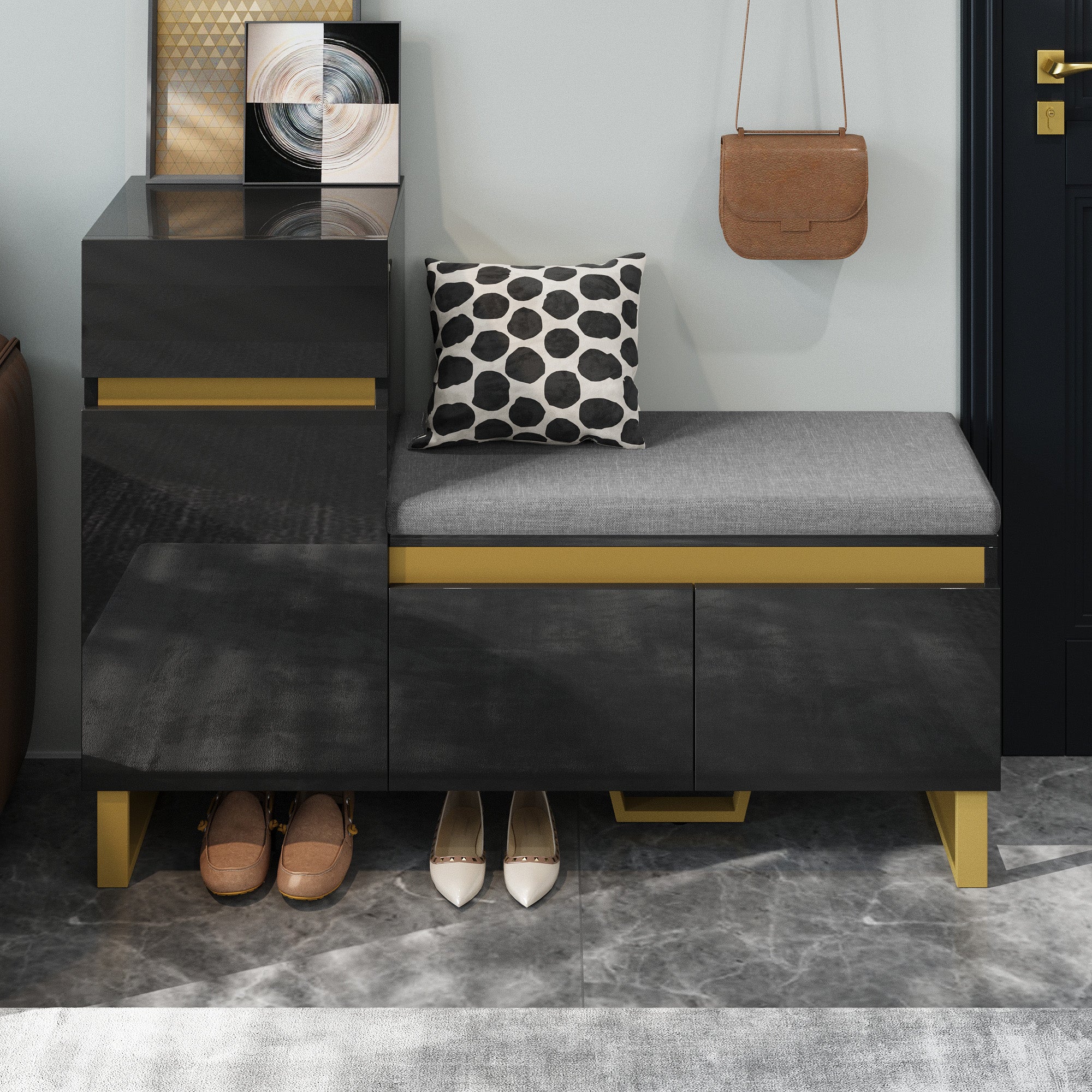 Shoe Cabinet, Large Capacity Multi-Tier Storage with Drawers and Doors, Black MDF