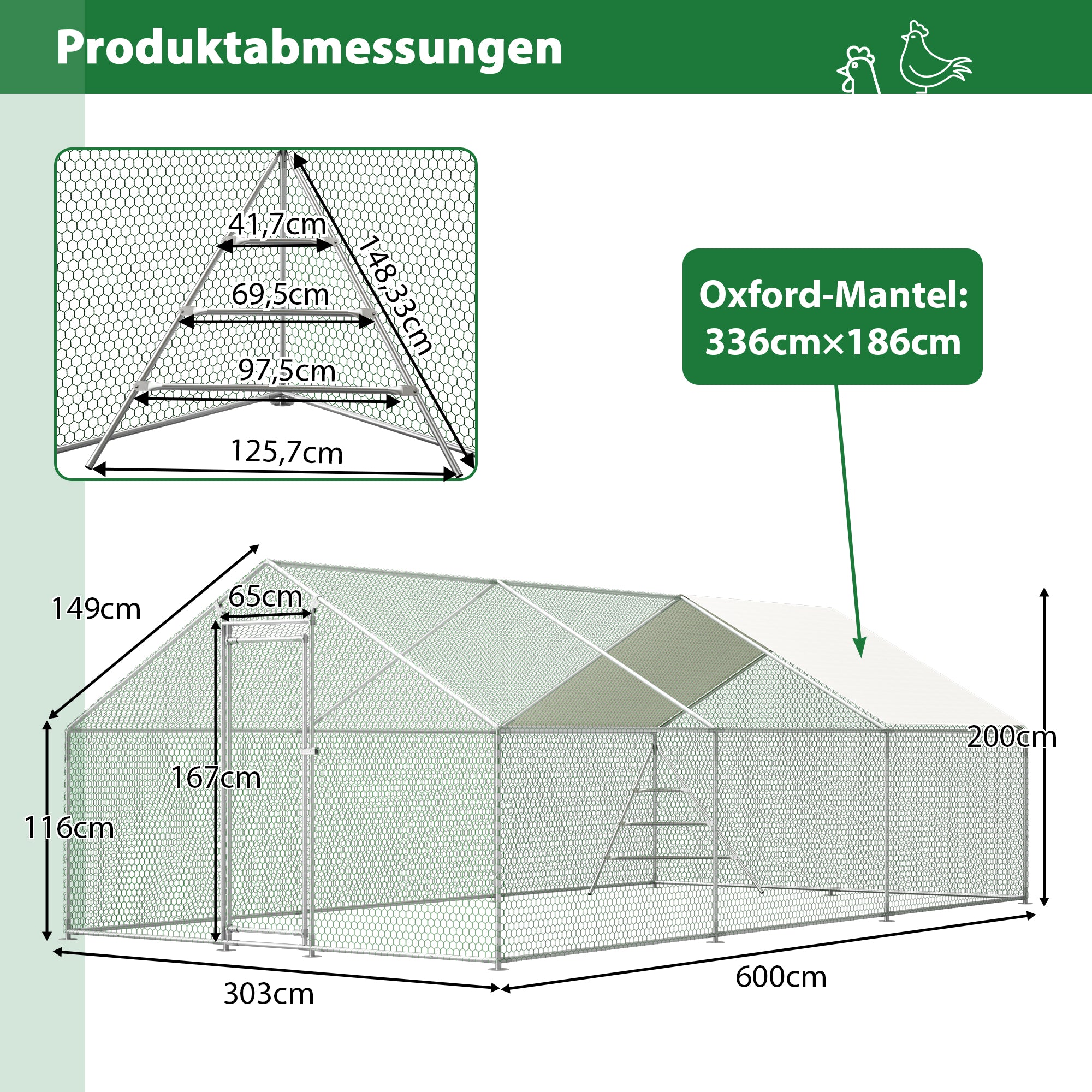 Giant Chicken Coop 3x6m, Aviary with Climbing Frame & Reinforced Roof, Metal