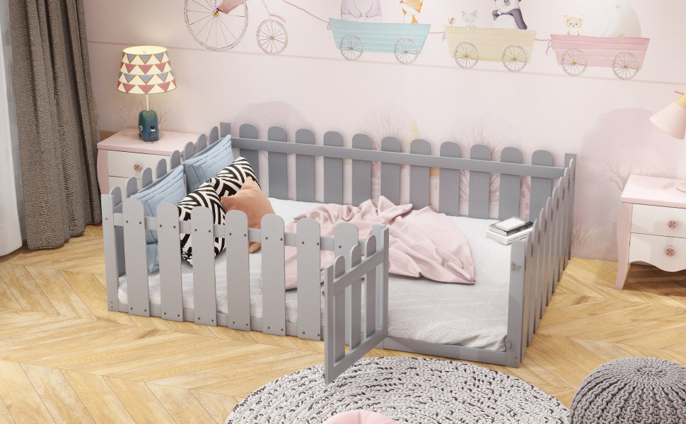 Children's bed 140x200cm wooden bed frame with border and door, grey