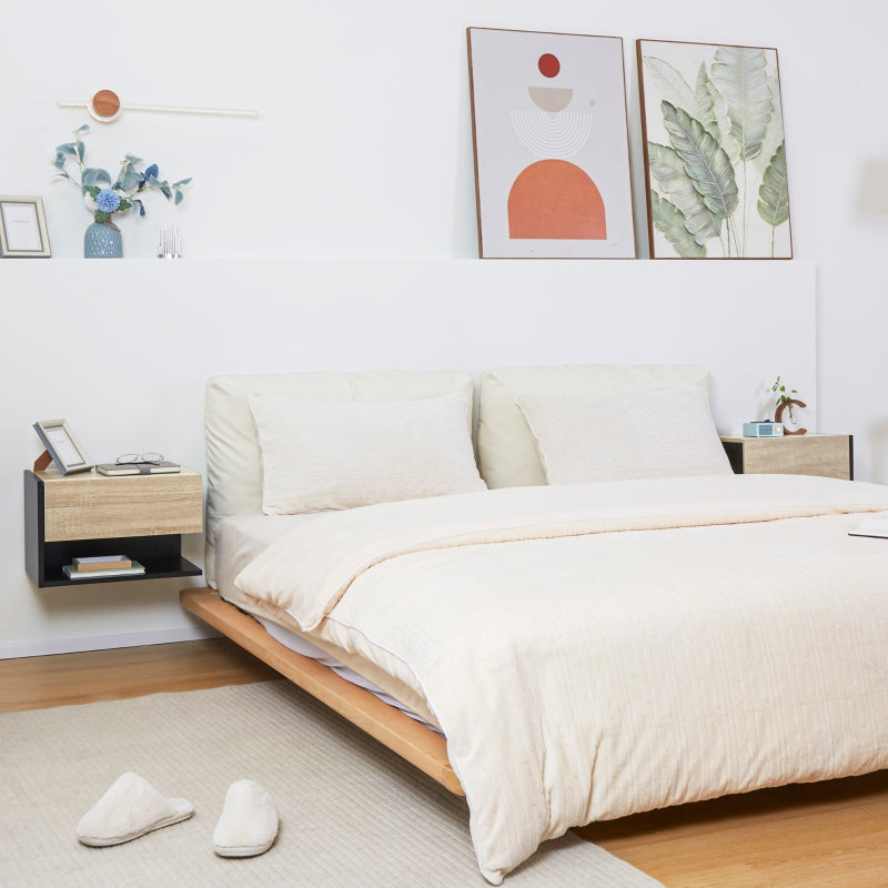 Floating Bedside Table Set of 2, Wall Mounted Cabinet with Drawer and Shelf, Oak Tone