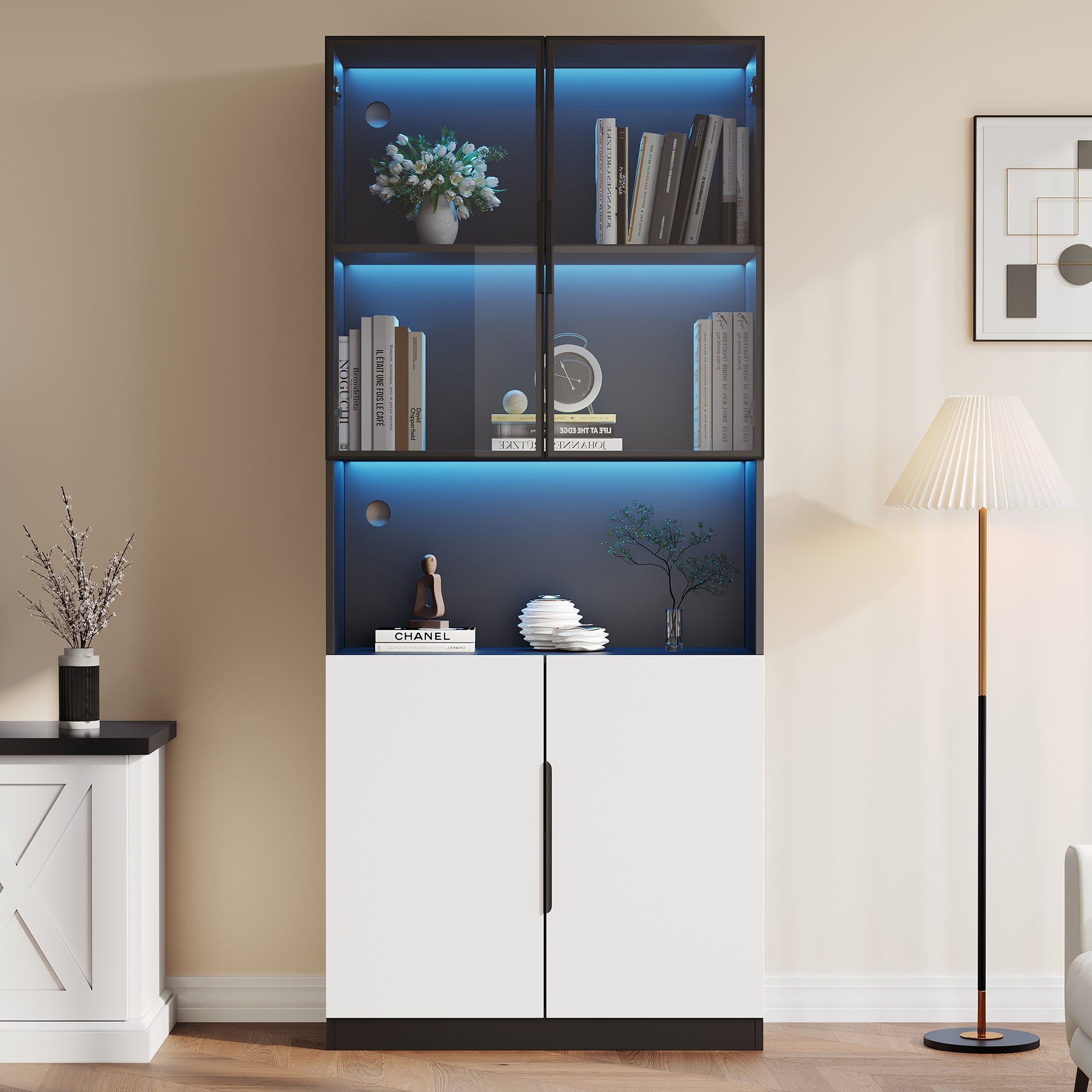 Display Cabinet, Minimalist LED Glass Doors, White with Black Decoration