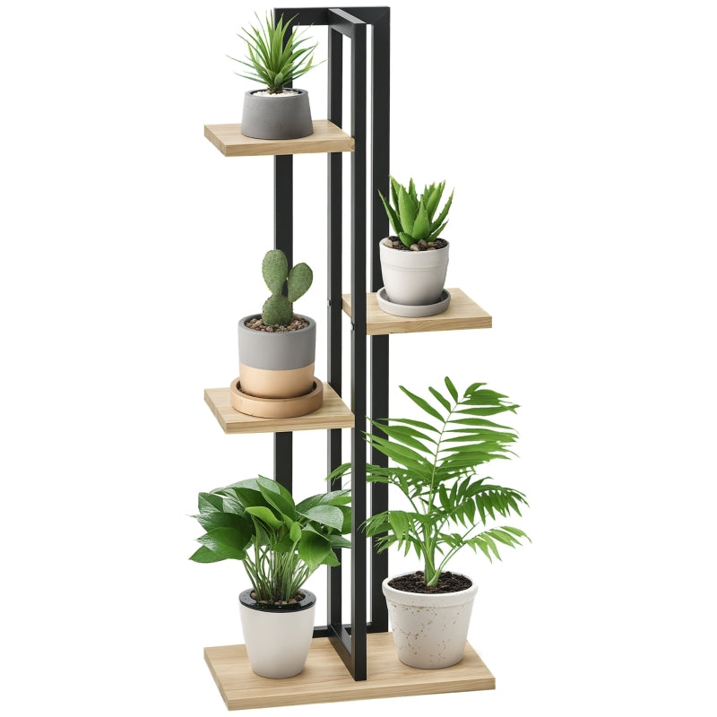 4-Tier Plant Stand, Adjustable 110cm High, Indoor Outdoor, Wood Black+Natural Wood