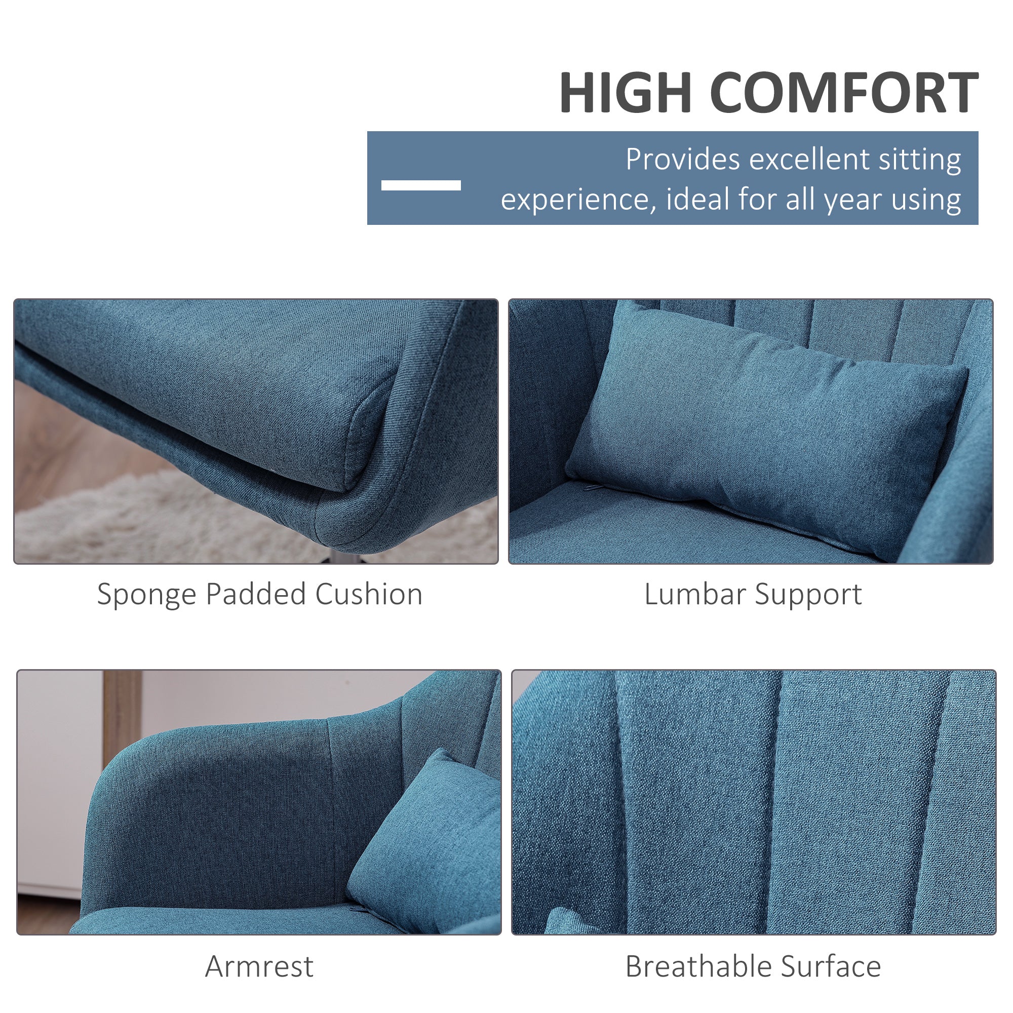 Swivel Accent Chair, Adjustable Height Thick Cushion Lumbar Support, Linen Fabric Blue