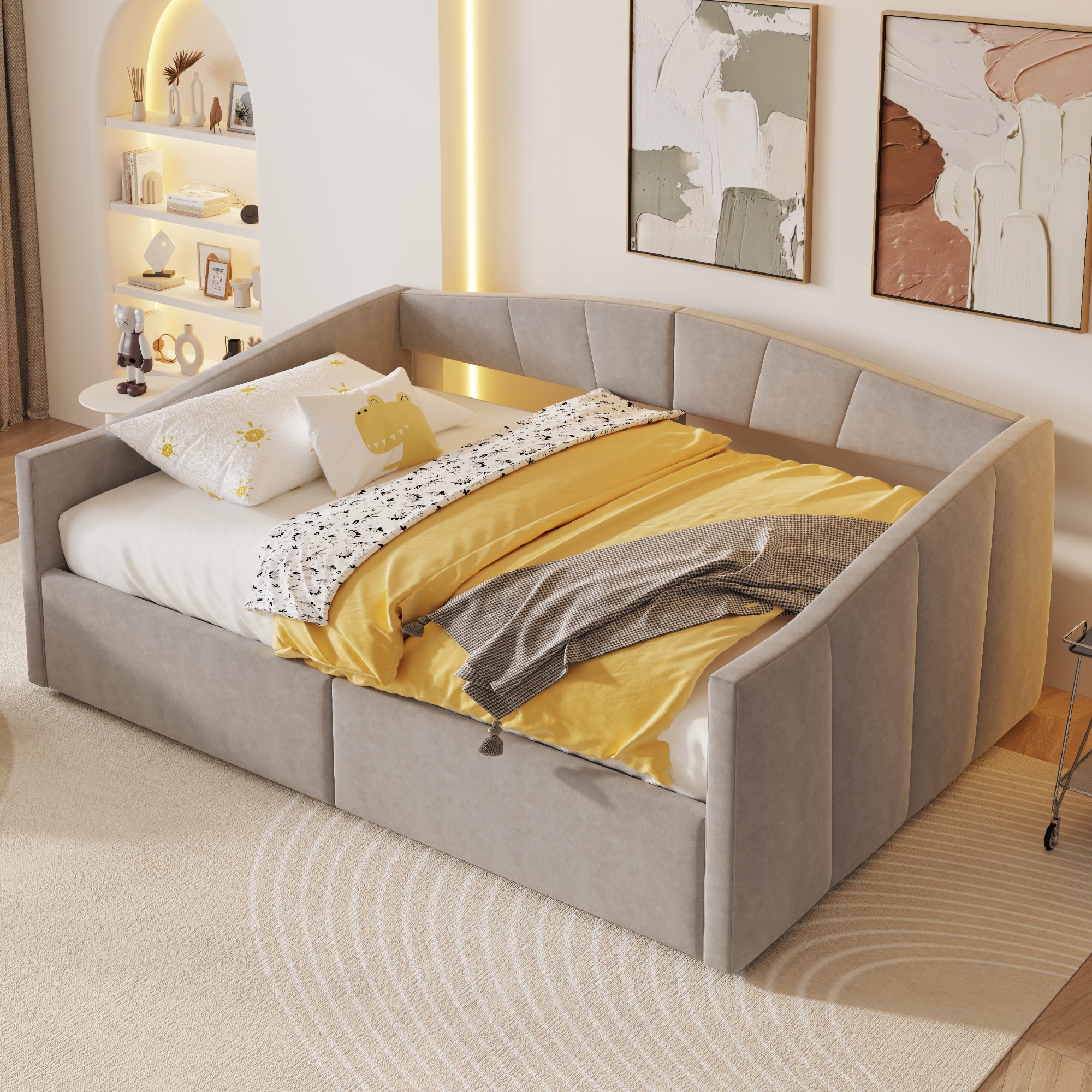 Upholstered Sofa Bed, 140x200cm Hydraulic Storage Slatted Frame Armrests, Light Grey Velvet