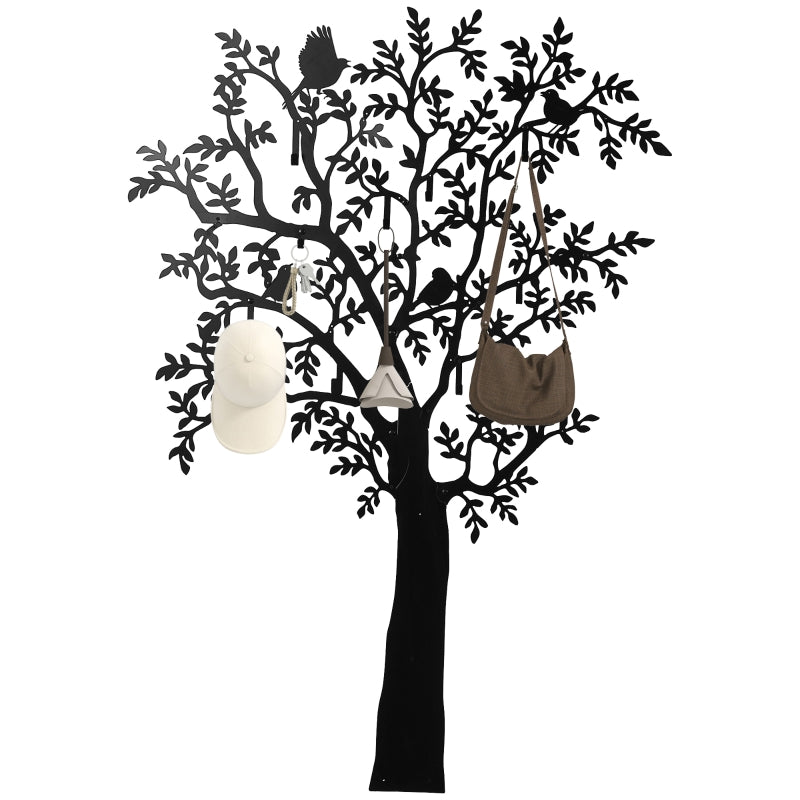 Wall-mounted Coat Rack Tree Design with Birds, Black