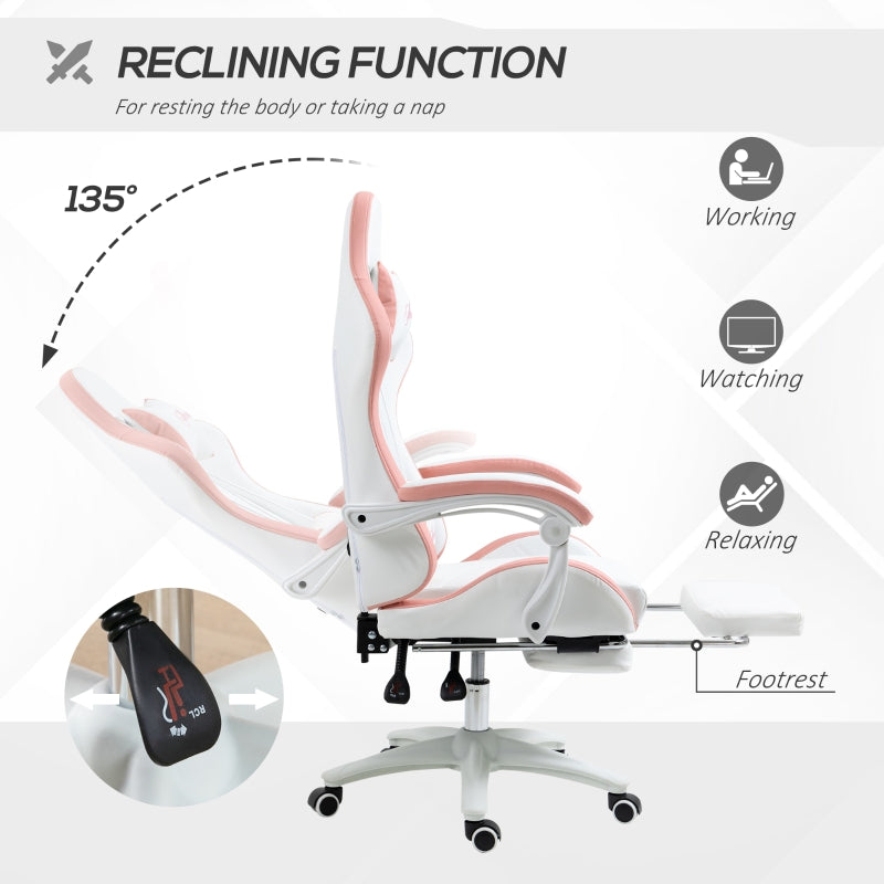 Computer Gaming Chair with Footrest, 135° Reclining Back, Lumbar Support, White and Pink PU Leather