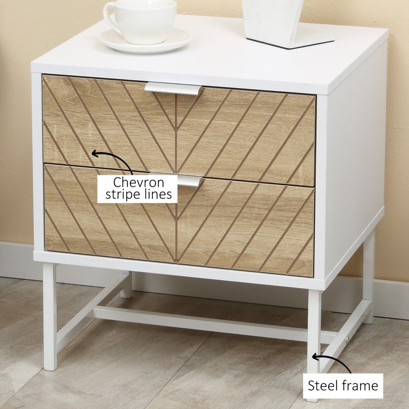 Modern Bedside Table with 2 Drawers, Sofa Side Table, White and Oak