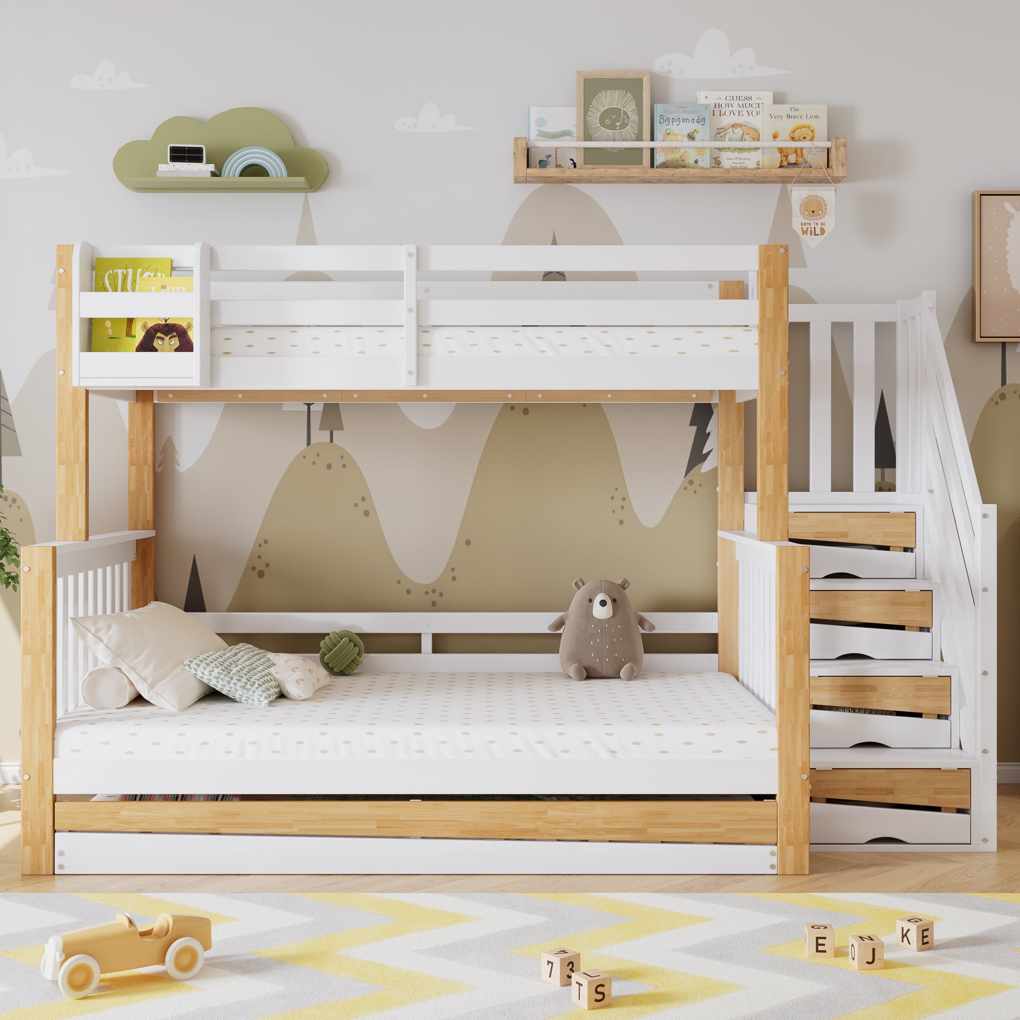 Bunk Bed, Trundle & Corner Stairs, Pine + MDF, White + Natural