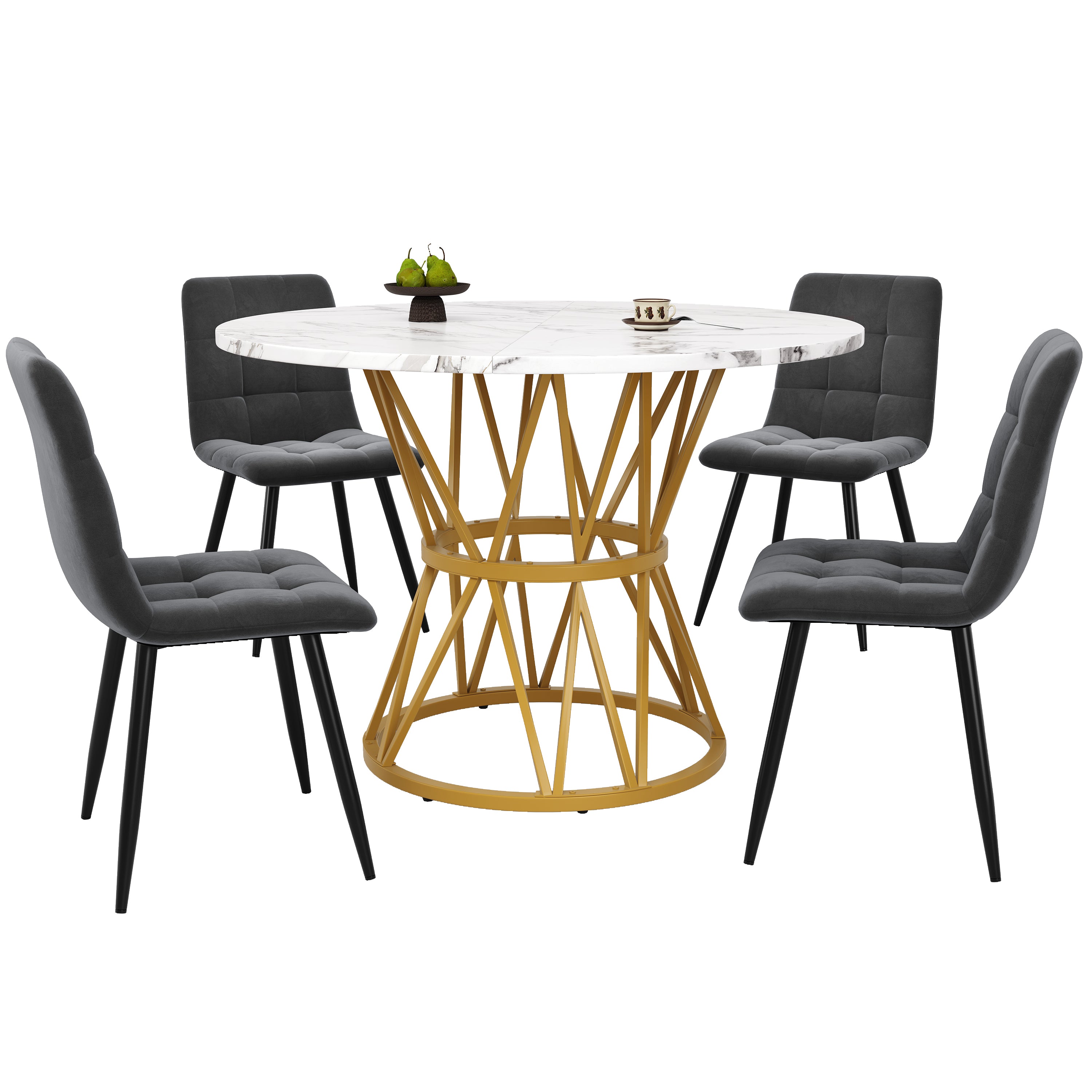 5-Piece Dining Set, Modern Round 100cm Table with 4 Chairs, MDF Marble Top/Grey Velvet