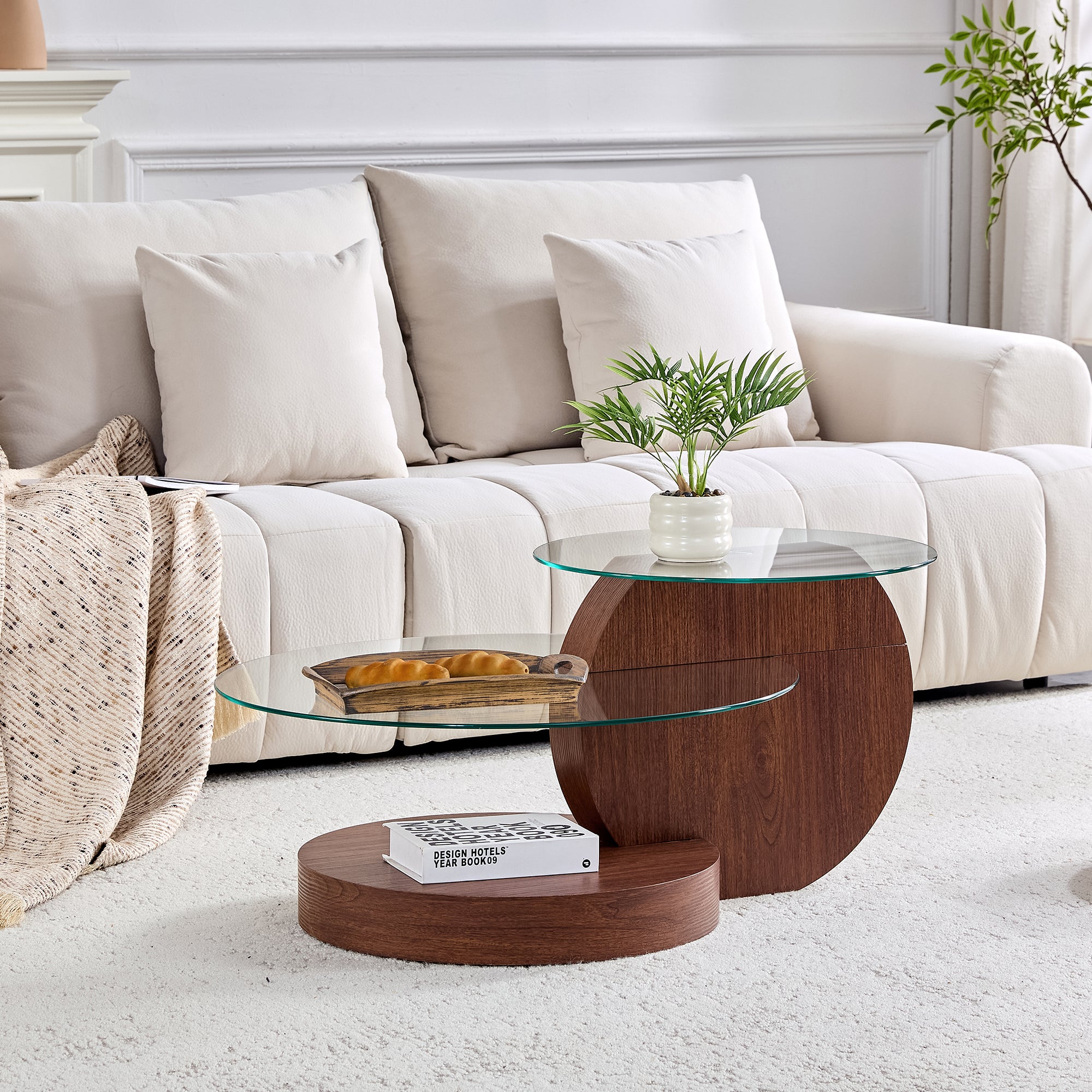 Modern Minimalist Coffee Table with Double-Layered Safety Glass and Multi-Tiered Design, Walnut Wood Grain Finish
