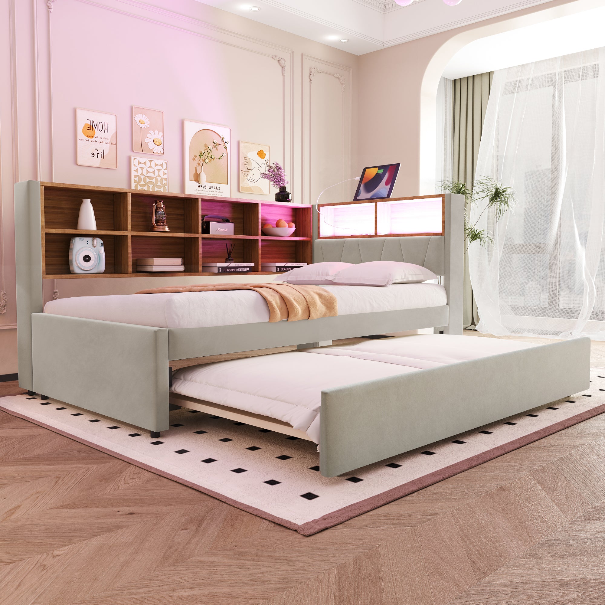 Sofa Bed 90*200, Pull-Out 90*190 with LED Lights, Sockets & Storage, Flannel Light Gray