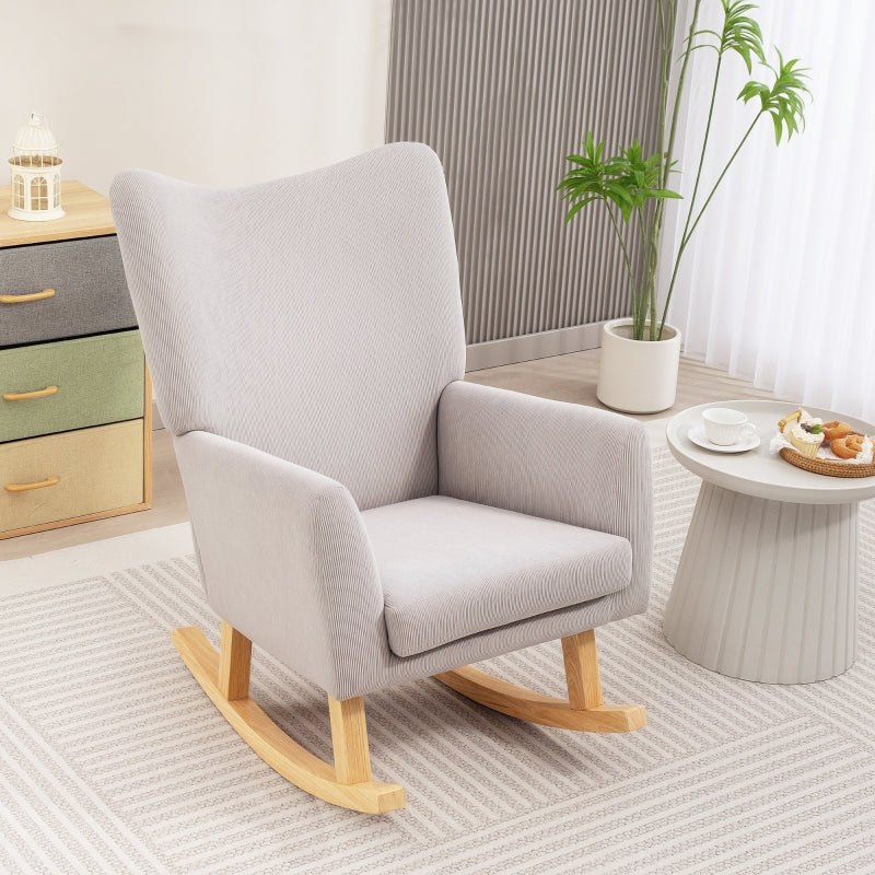 Rocking Chair, High Back Upholstered, Corduroy, Light Grey