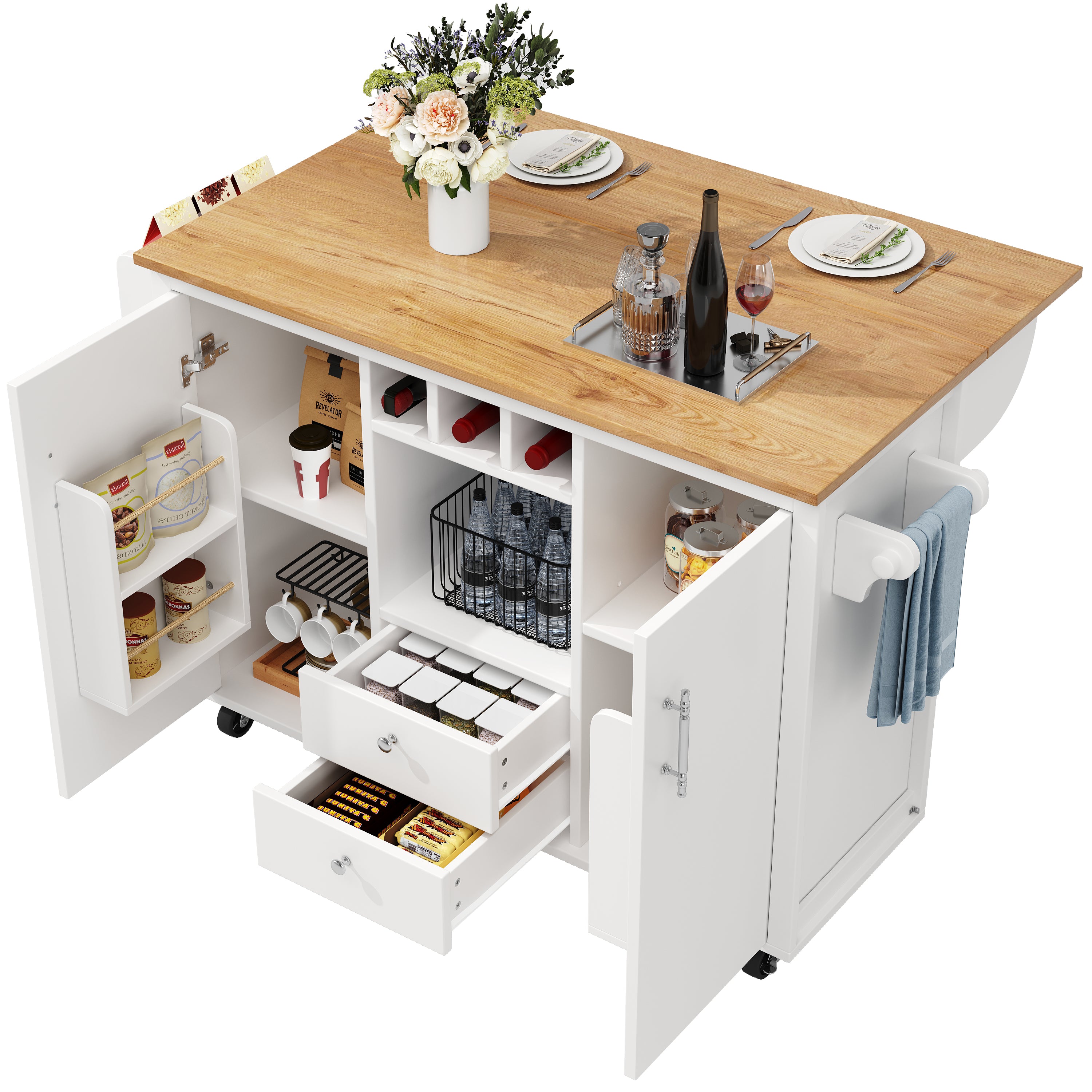 Kitchen Island Trolley with Fold-Down Worktop Storage & Adjustable Shelves - White/Black