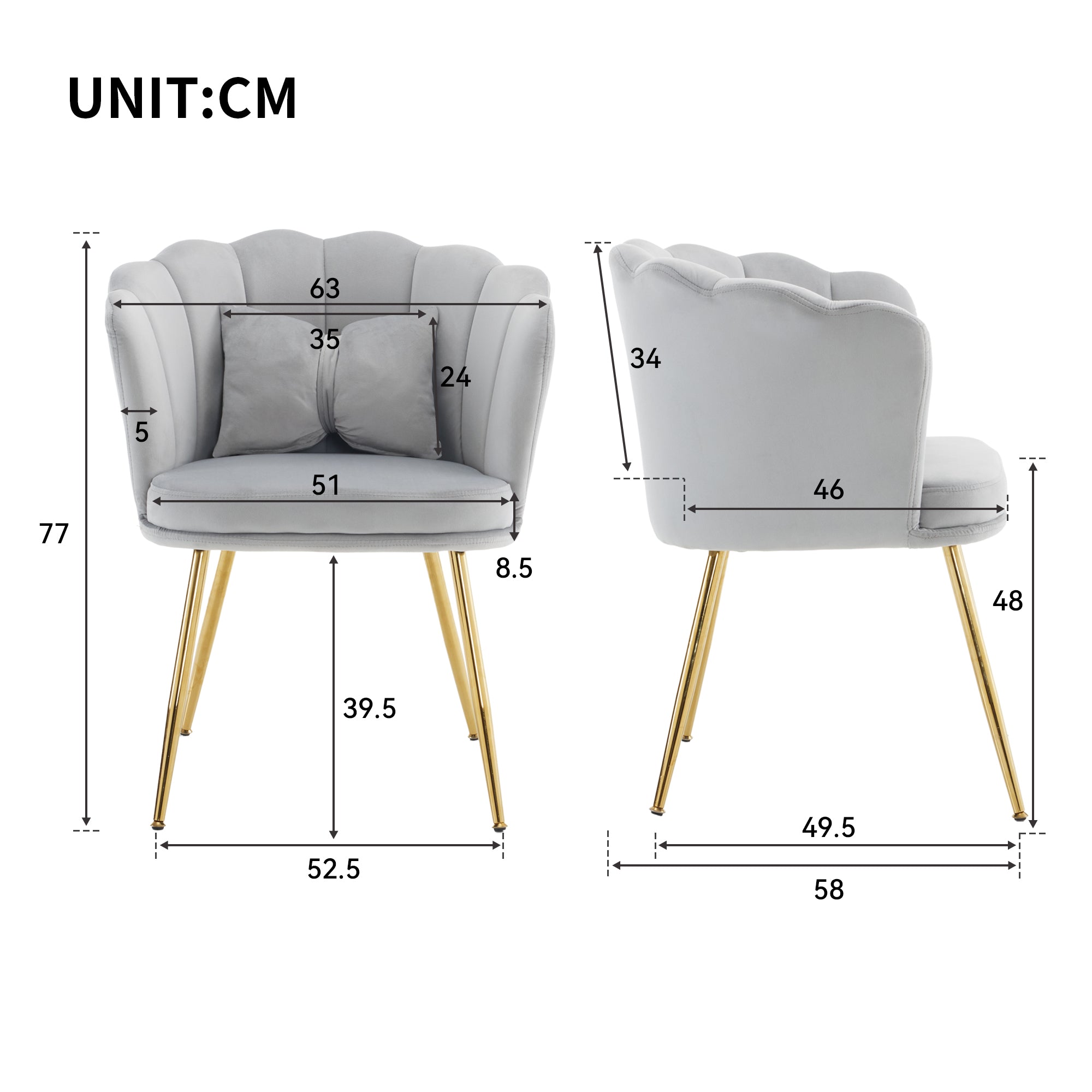 Modern Armchair, Velvet Upholstered Petal Back with Gold-Plated Metal Legs