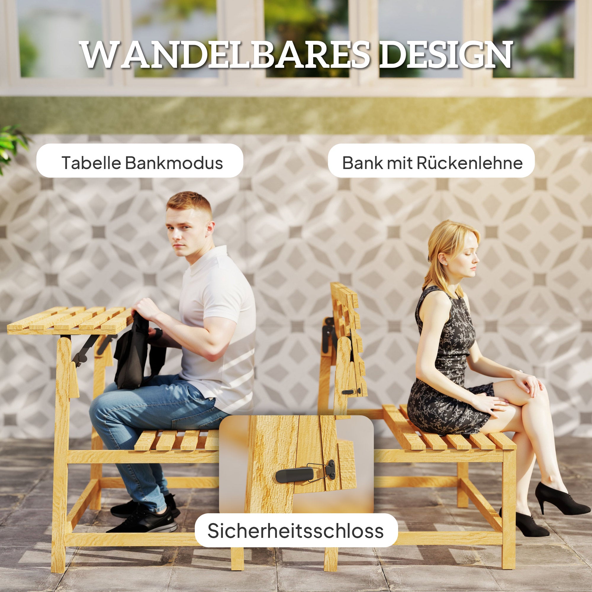 2-seater Garden Bench, Weatherproof Convertible, Teak Wood