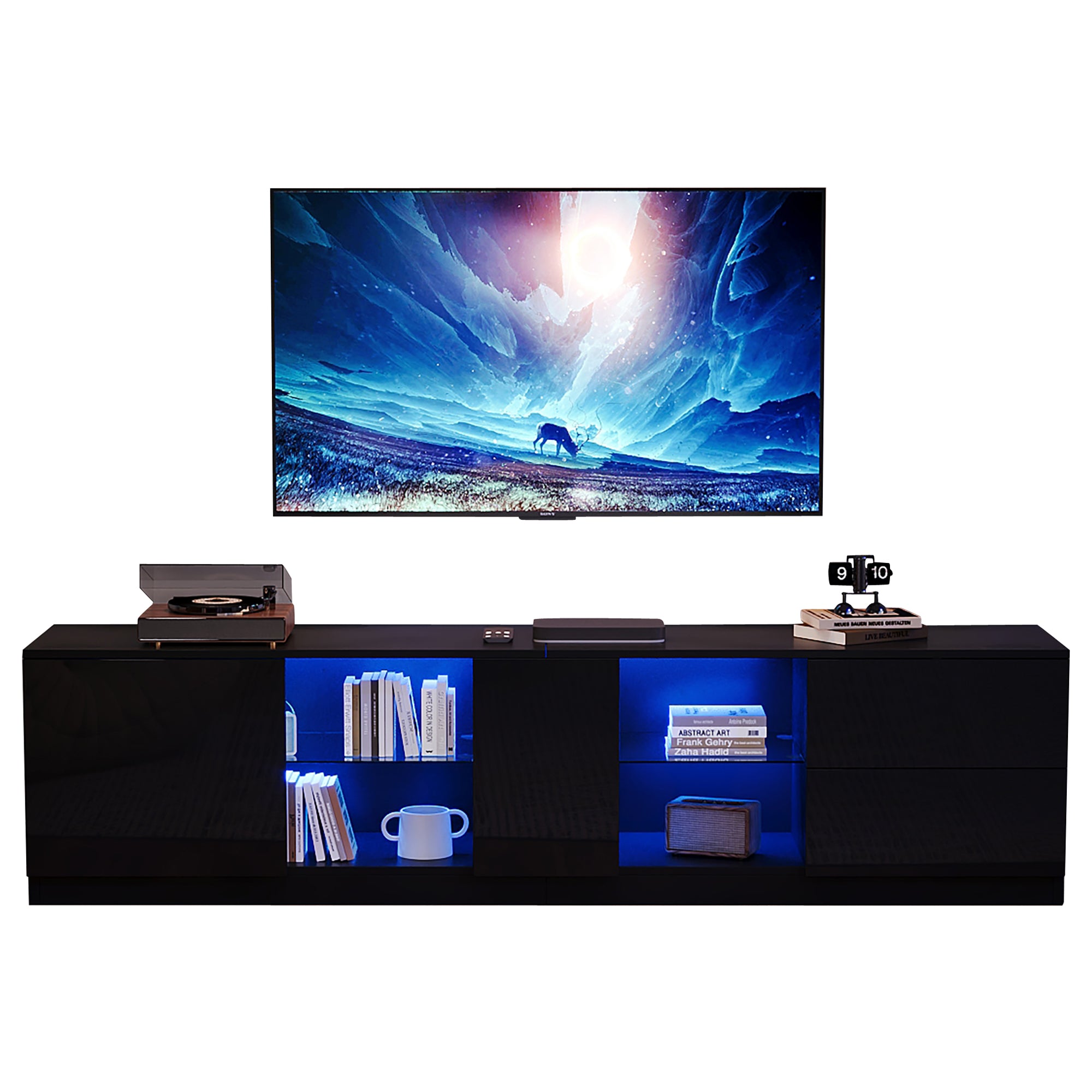 TV Stand, 160x40x52cm LED Lighting for 65" TVs, High-Gloss Black